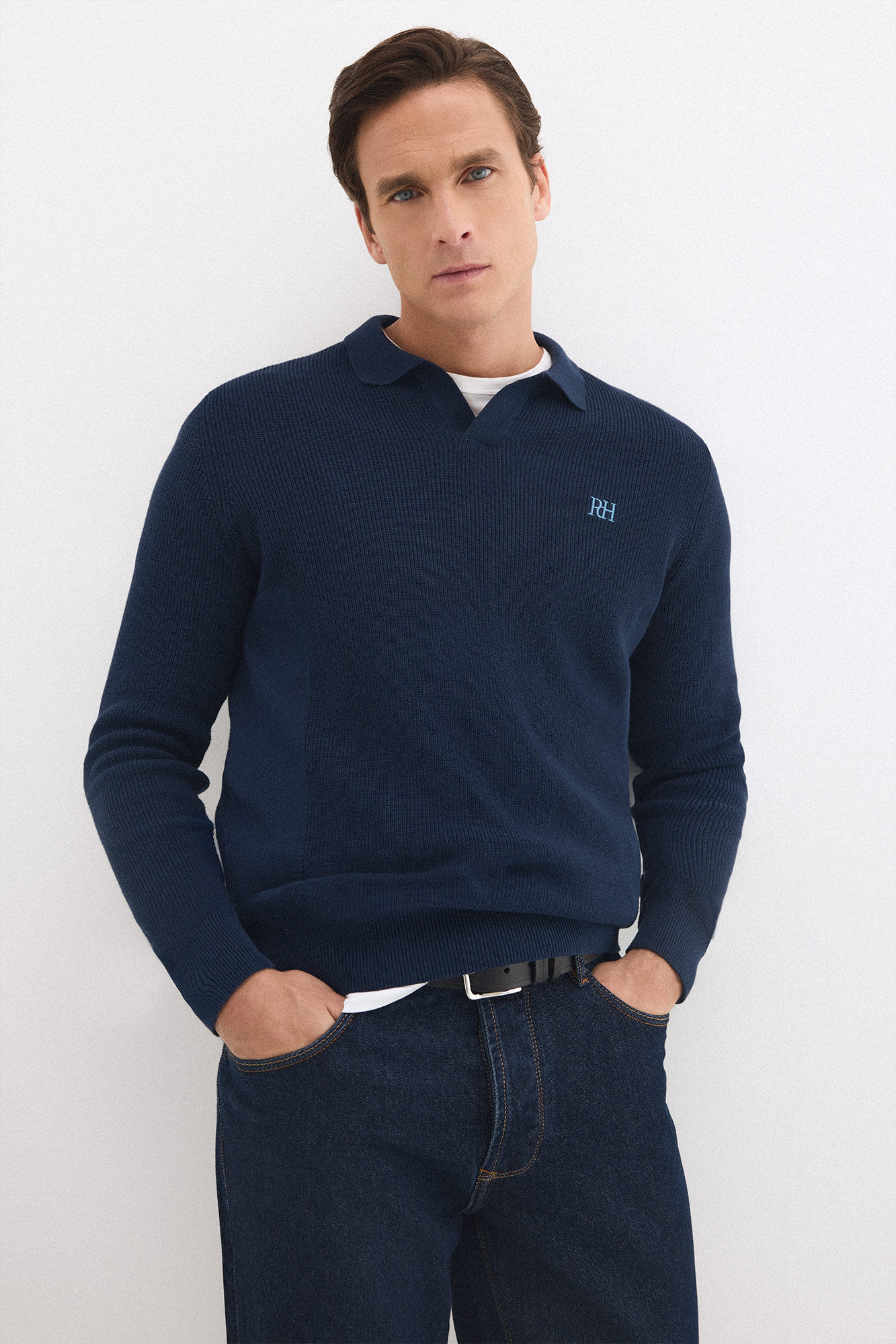 Pedro del Hierro Cotton ribbed long sleeve polo jumper