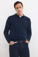Pedro del Hierro Cotton ribbed long sleeve polo jumper Blue