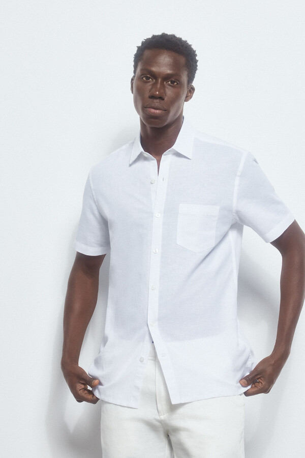 Pedro del Hierro Plain cotton/linen short-sleeved shirt White