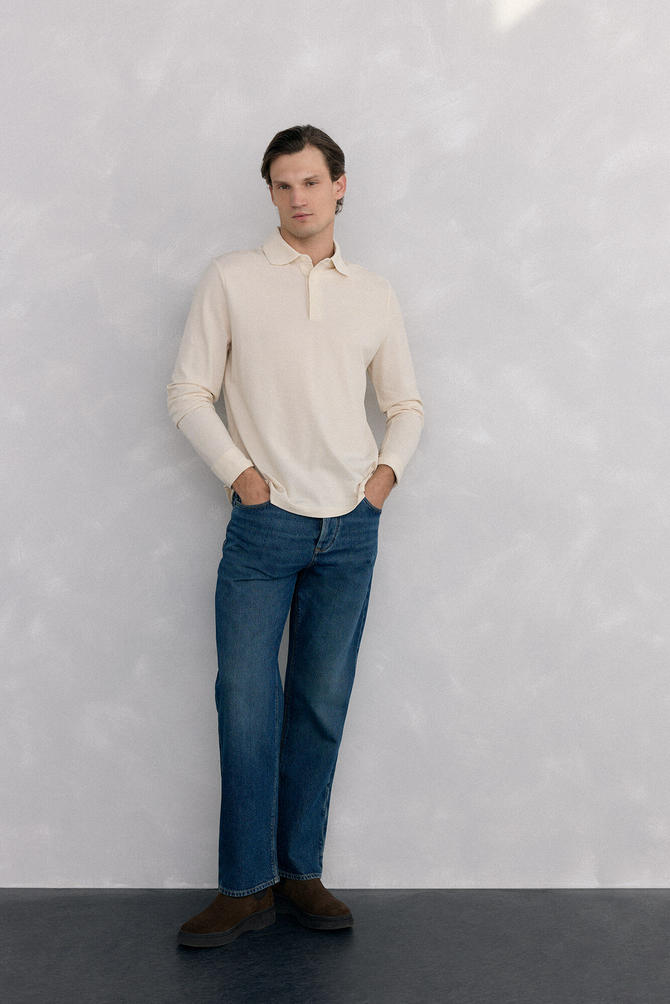 Pedro del Hierro Basic long sleeve polo shirt Ecru