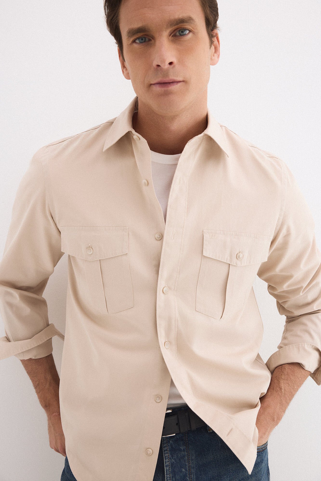 Pedro del Hierro Twill plain pocket shirt Beige