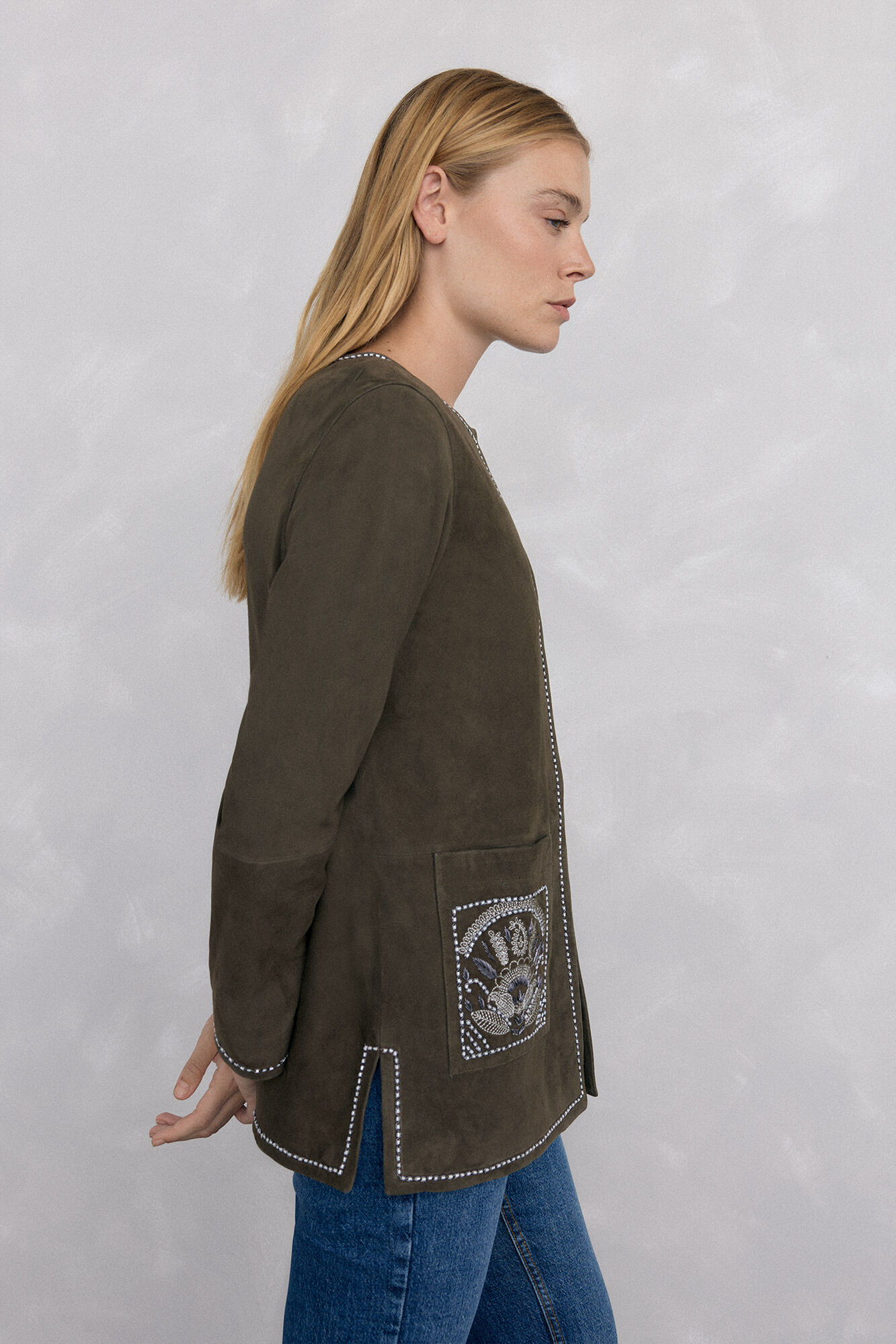Pedro del Hierro Suede embroidered jacket Green