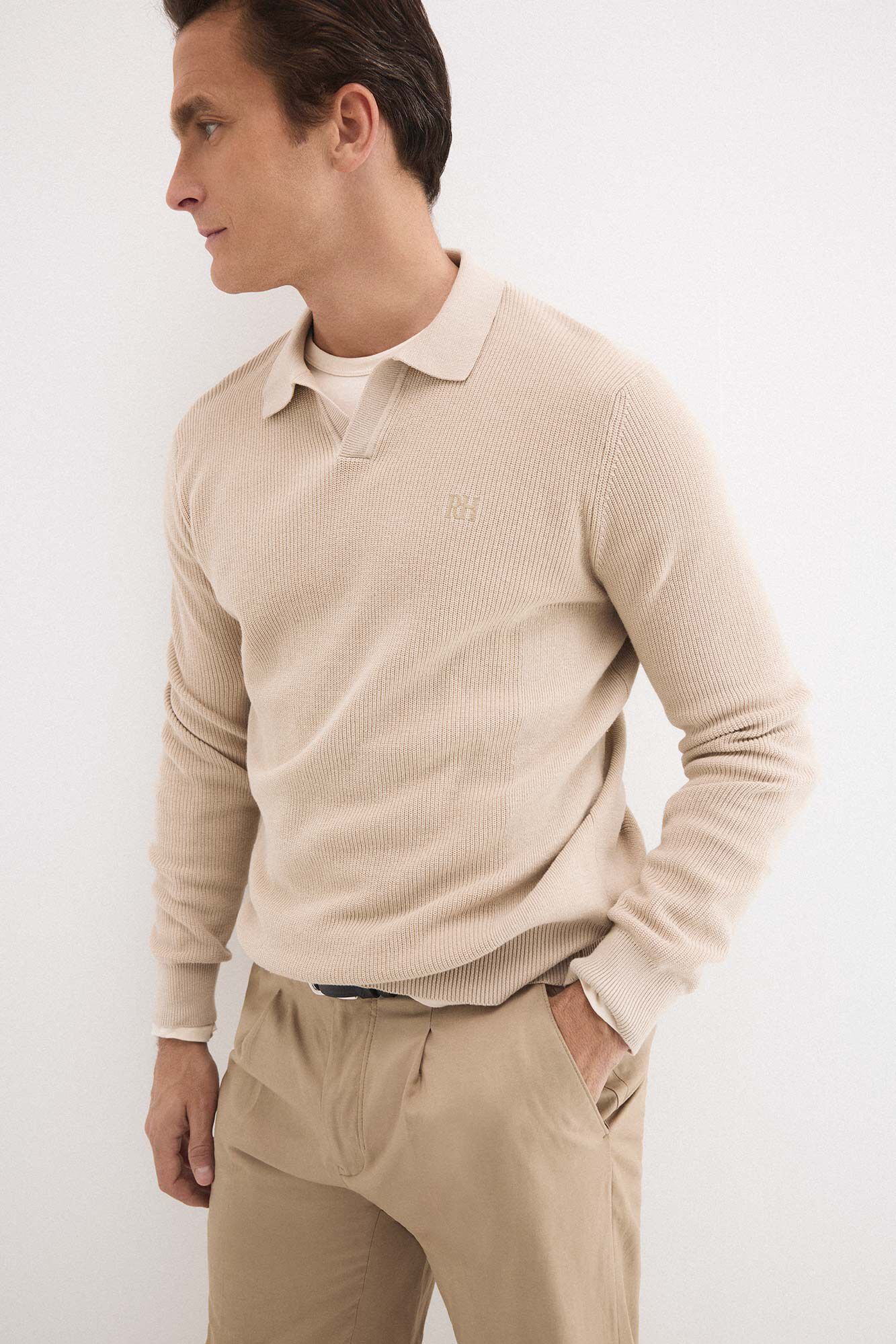 Pedro del Hierro Cotton ribbed long sleeve polo jumper