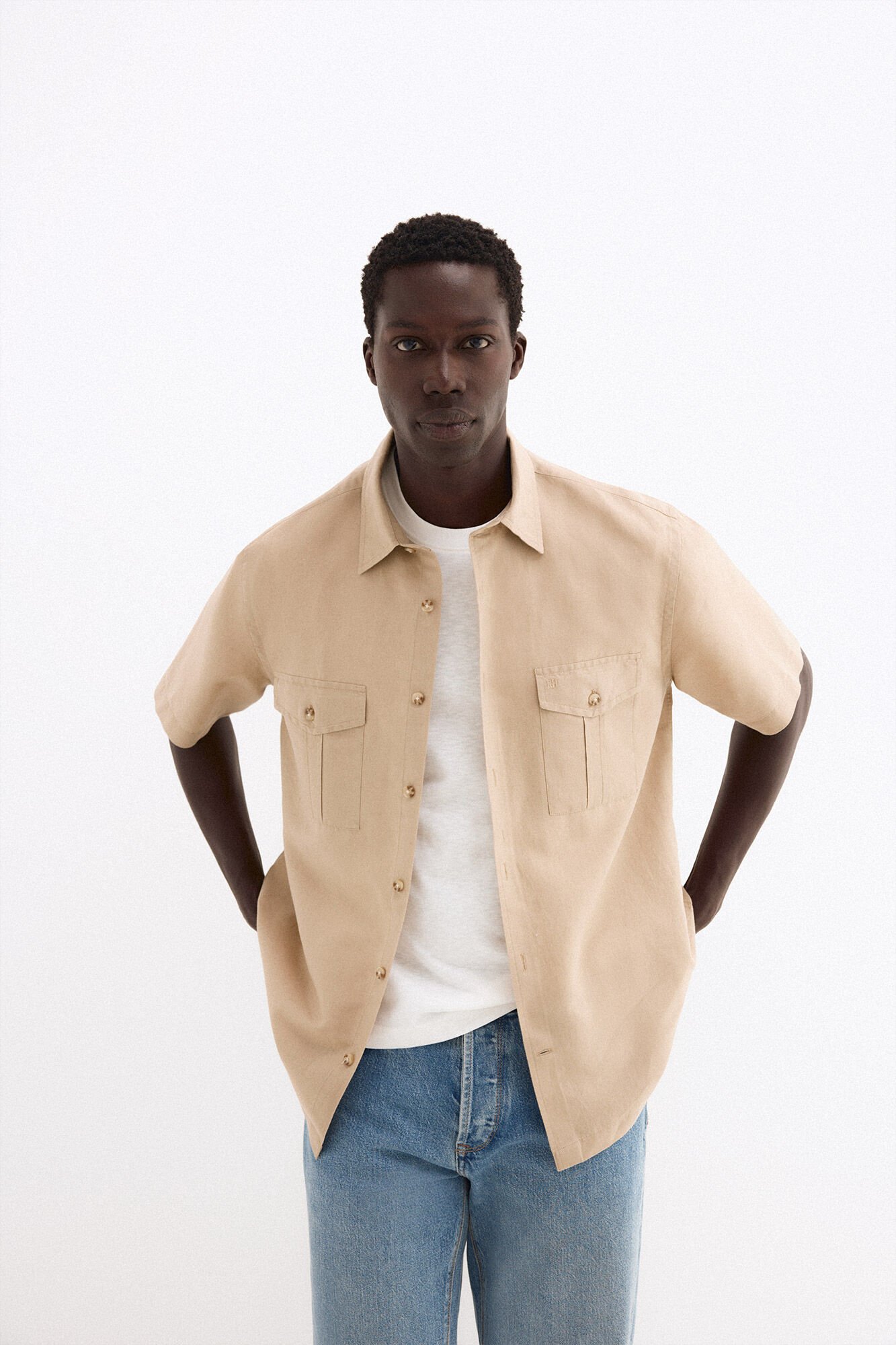 Pedro del Hierro Linen short sleeve pocket shirt Beige
