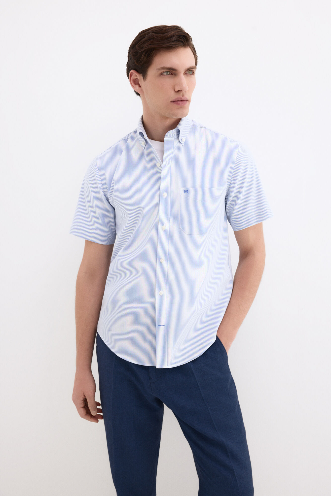 Pedro del Hierro Striped short sleeve non-iron shirt Blue