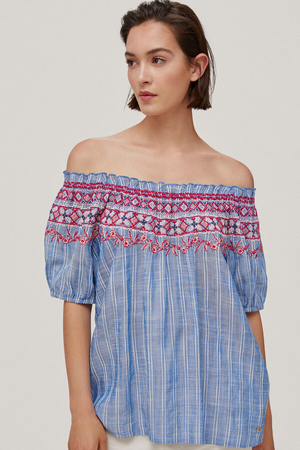 Pedro del Hierro Embroidered off-the-shoulder blouse Blue