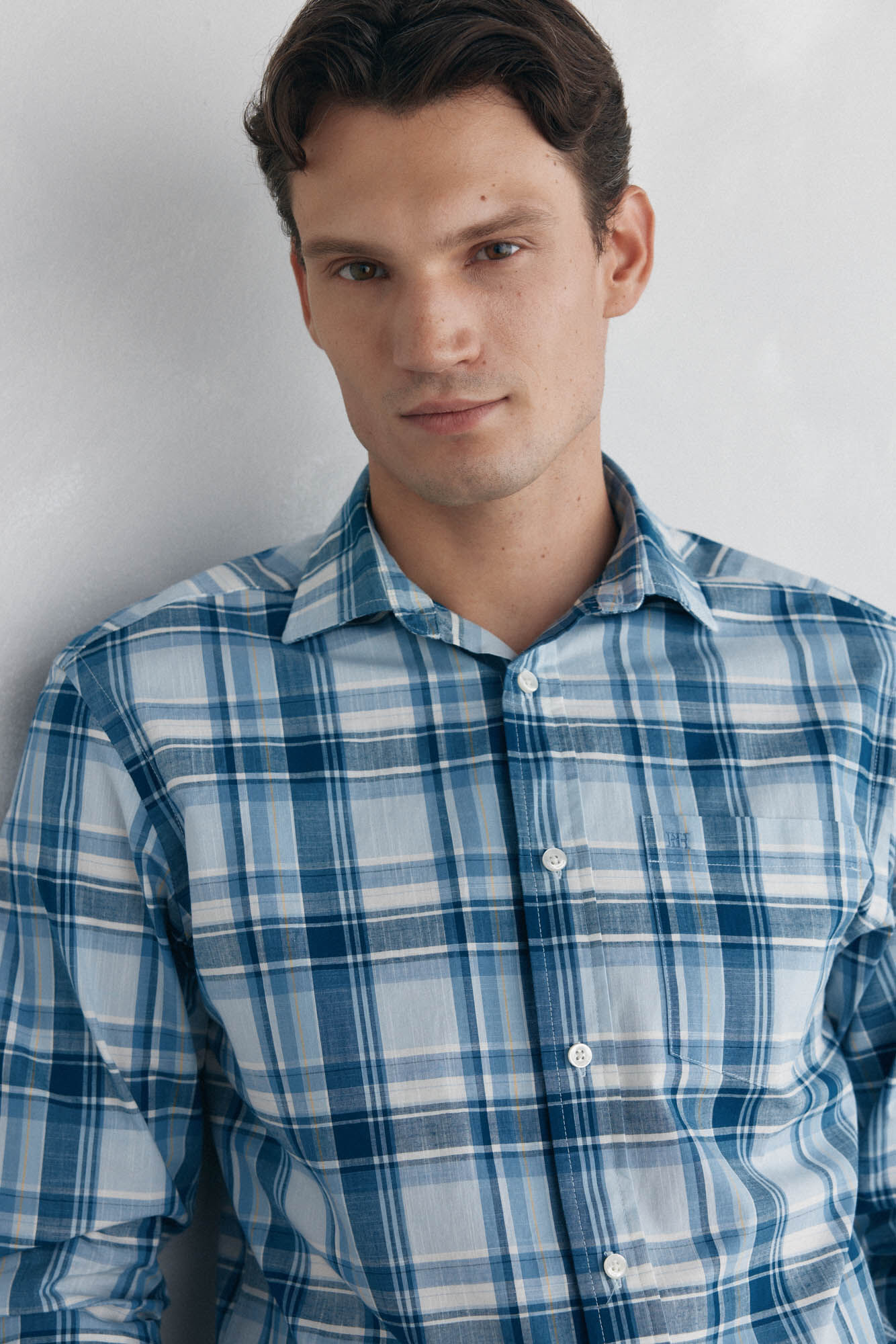 Pedro del Hierro Camisa quadrados tecido flam&eacute; Beige