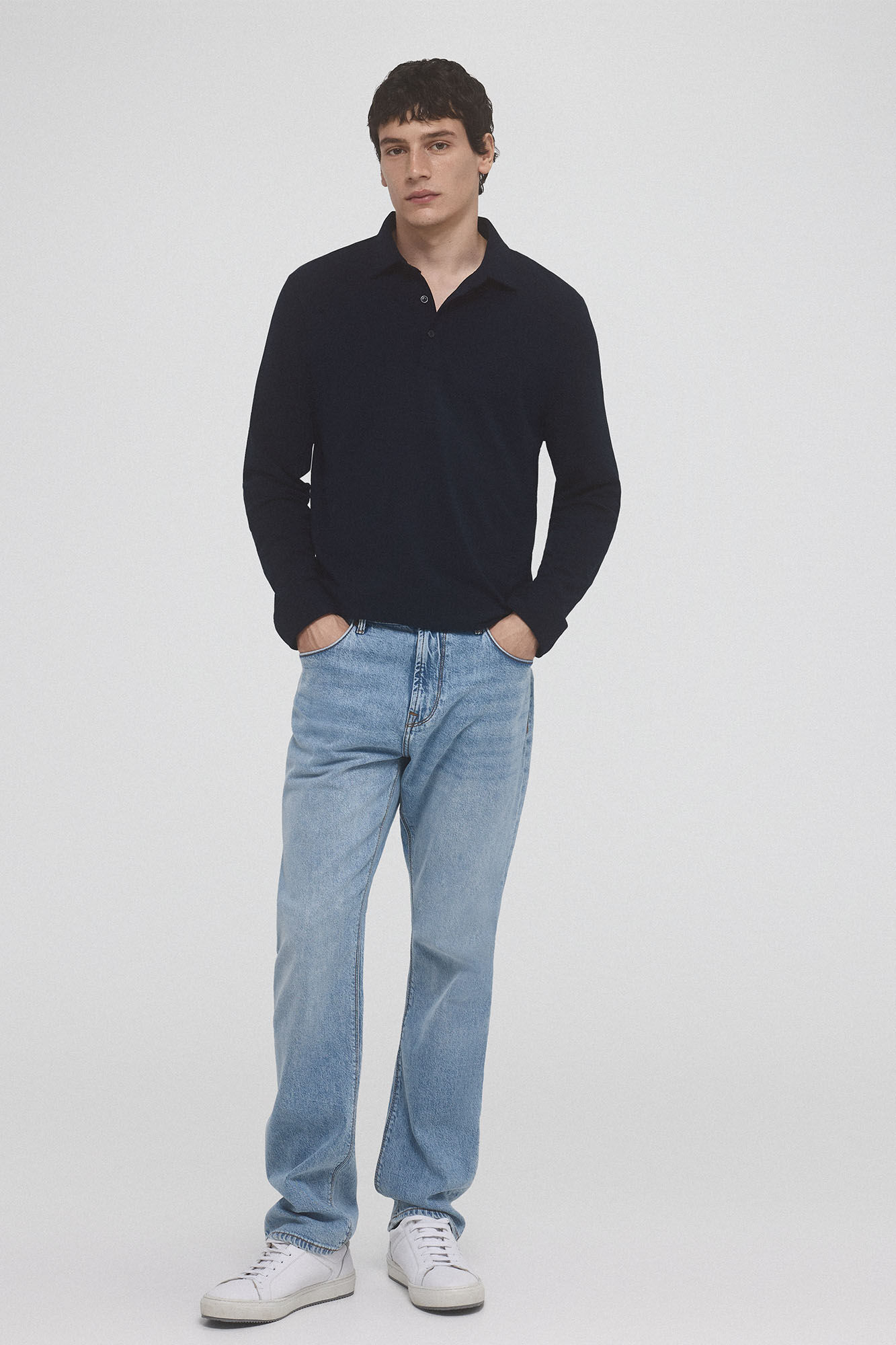 Pedro del Hierro Tencel long sleeve polo shirt Blue