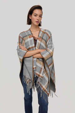 Pedro del Hierro Checked poncho with fringes Grey