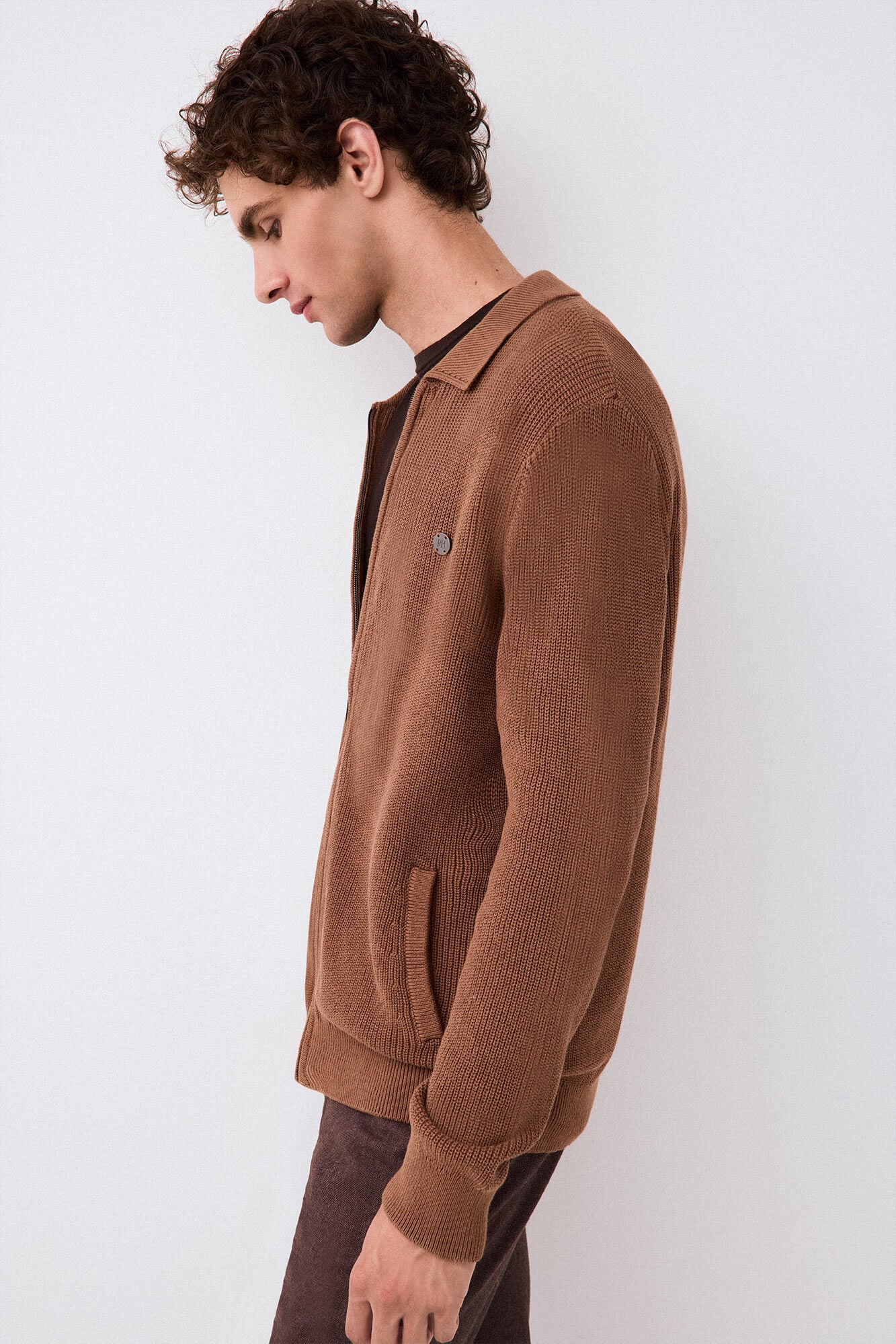 Pedro del Hierro Polo neck knit structure cardigan with zip fastening