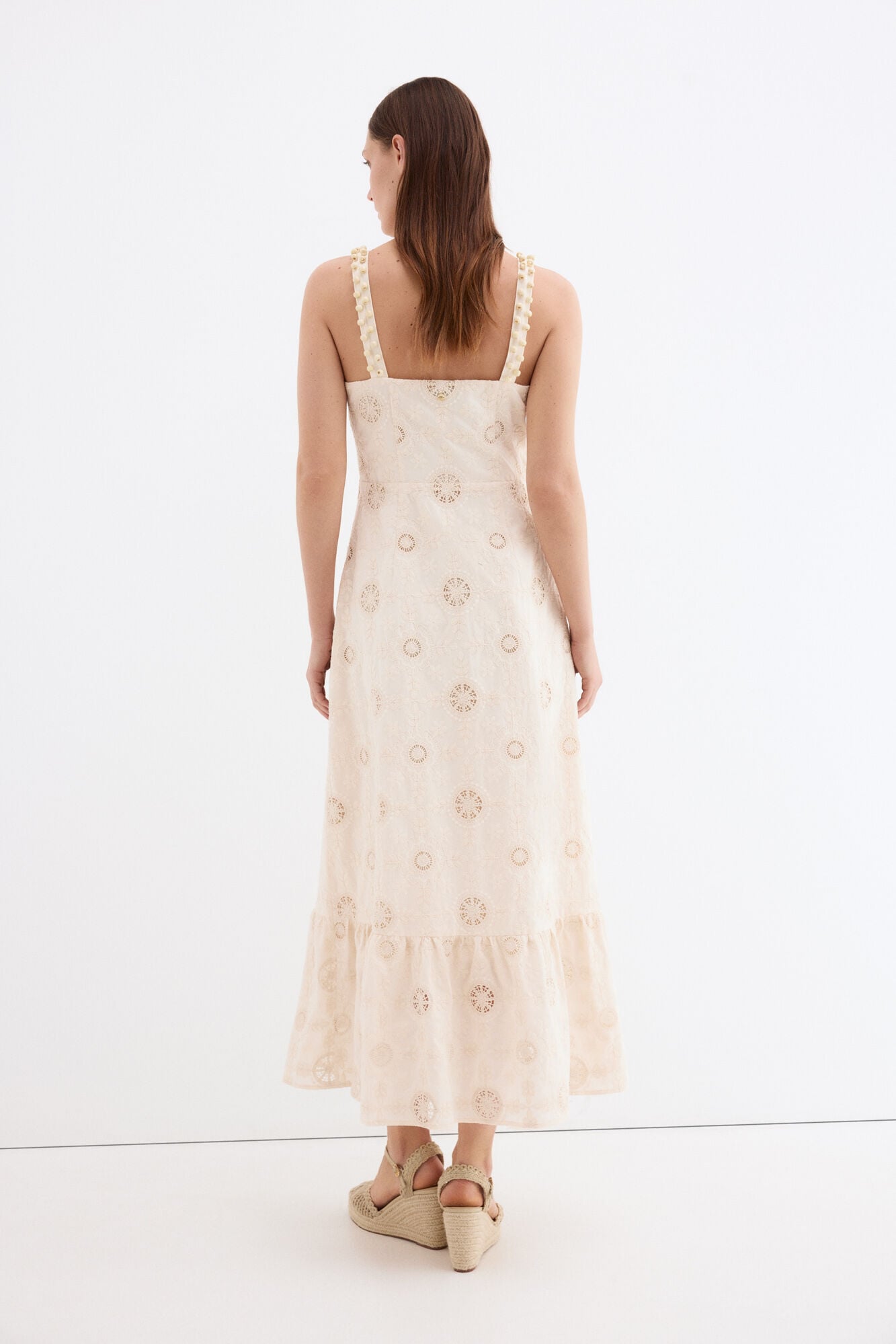 Pedro del Hierro Vestido comprido em algod&atilde;o com bordados Ecru