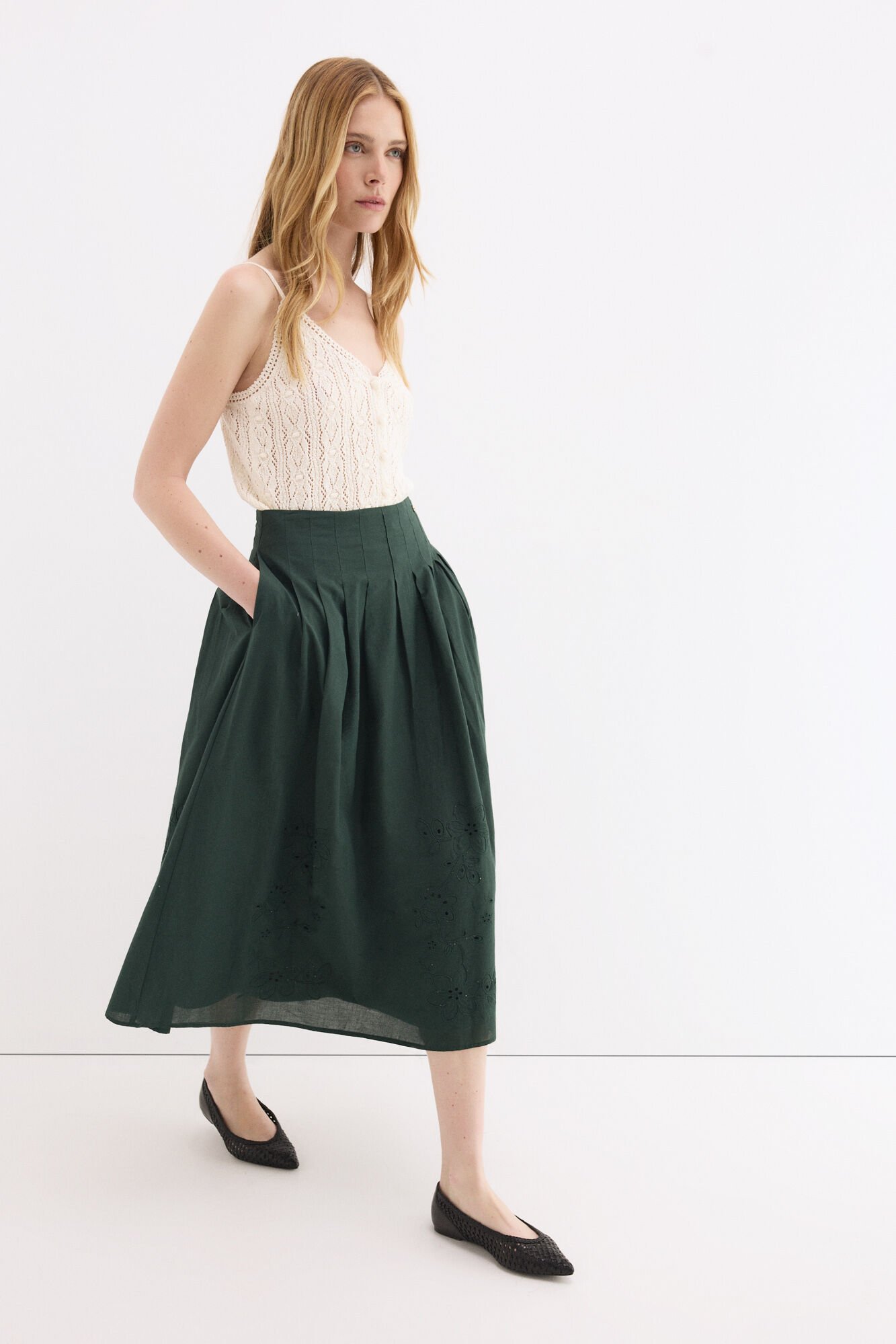 Pedro del Hierro Embroidered cotton skirt Green