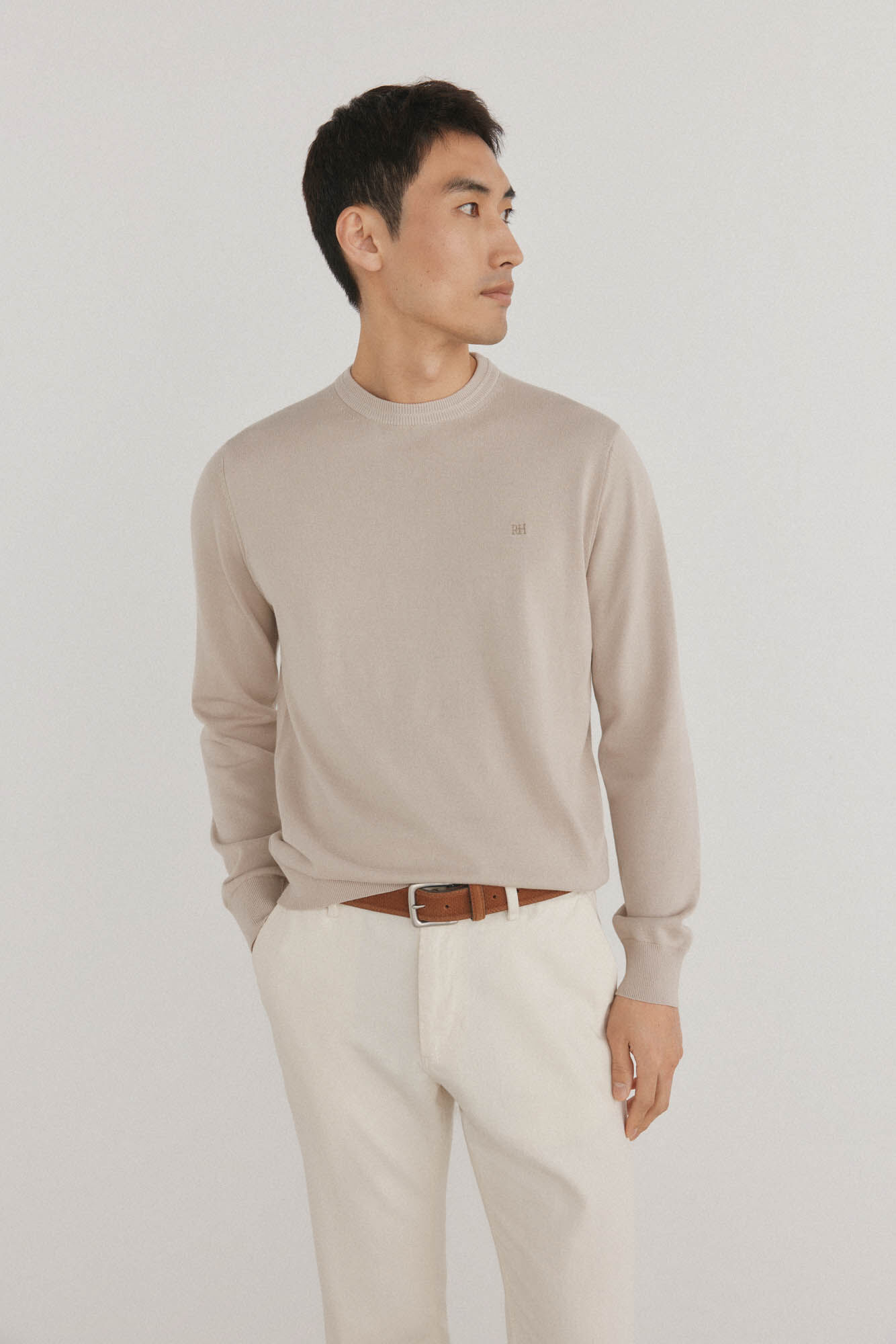 Pedro del Hierro Fine premium cotton round neck sweater Beige