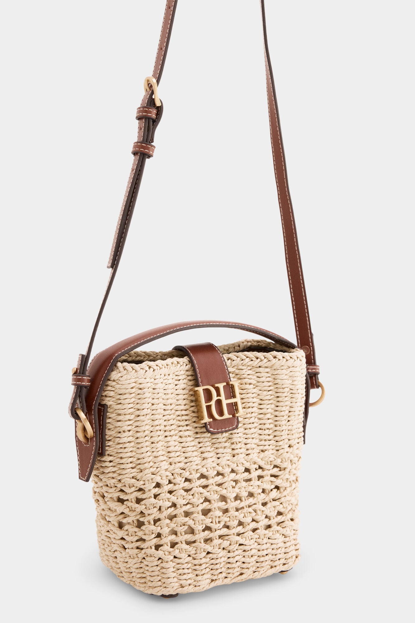 Pedro del Hierro Raffia-effect logo bucket bag Ecru