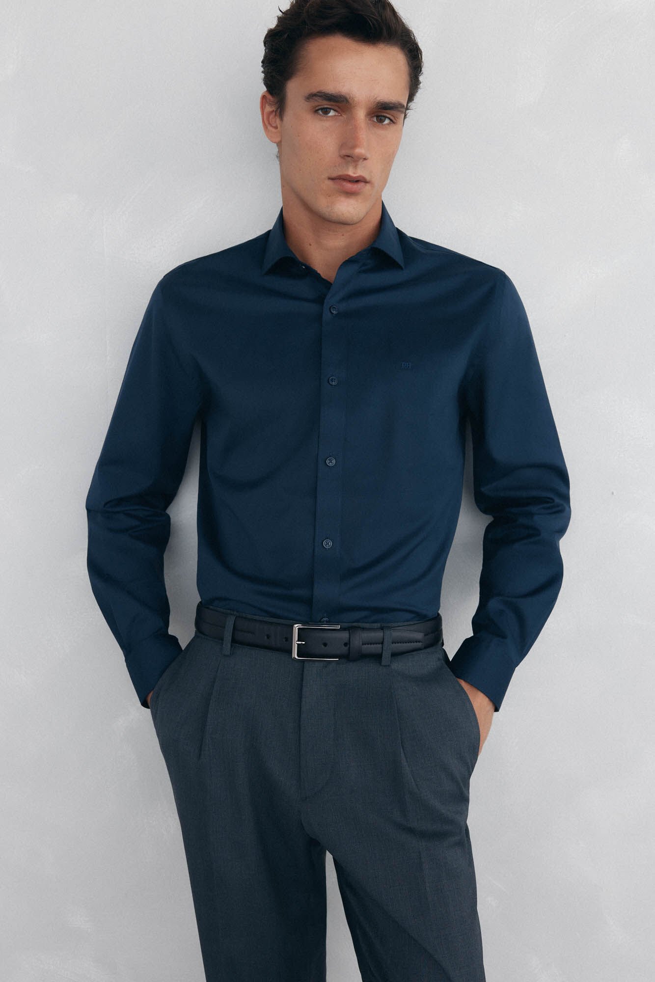 Pedro del Hierro Camisa lisa twill f&aacute;cil plancha + anti olor slim fit Azul