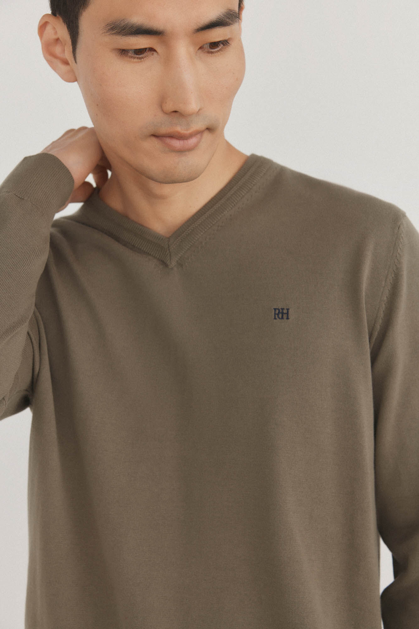 Pedro del Hierro Premium cotton fine jersey-knit V neck Green