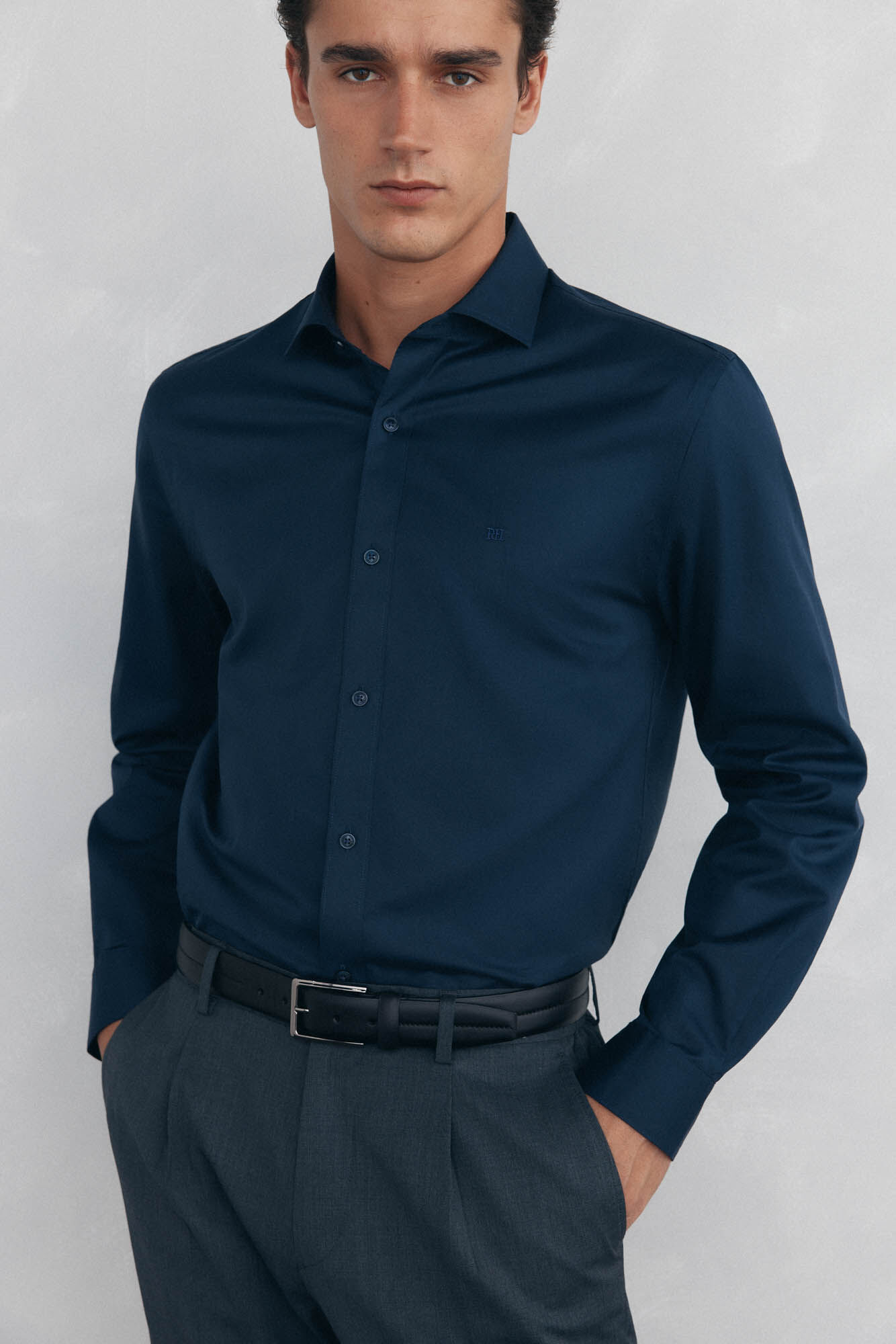 Pedro del Hierro Camisa lisa twill f&aacute;cil plancha + anti olor slim fit Azul