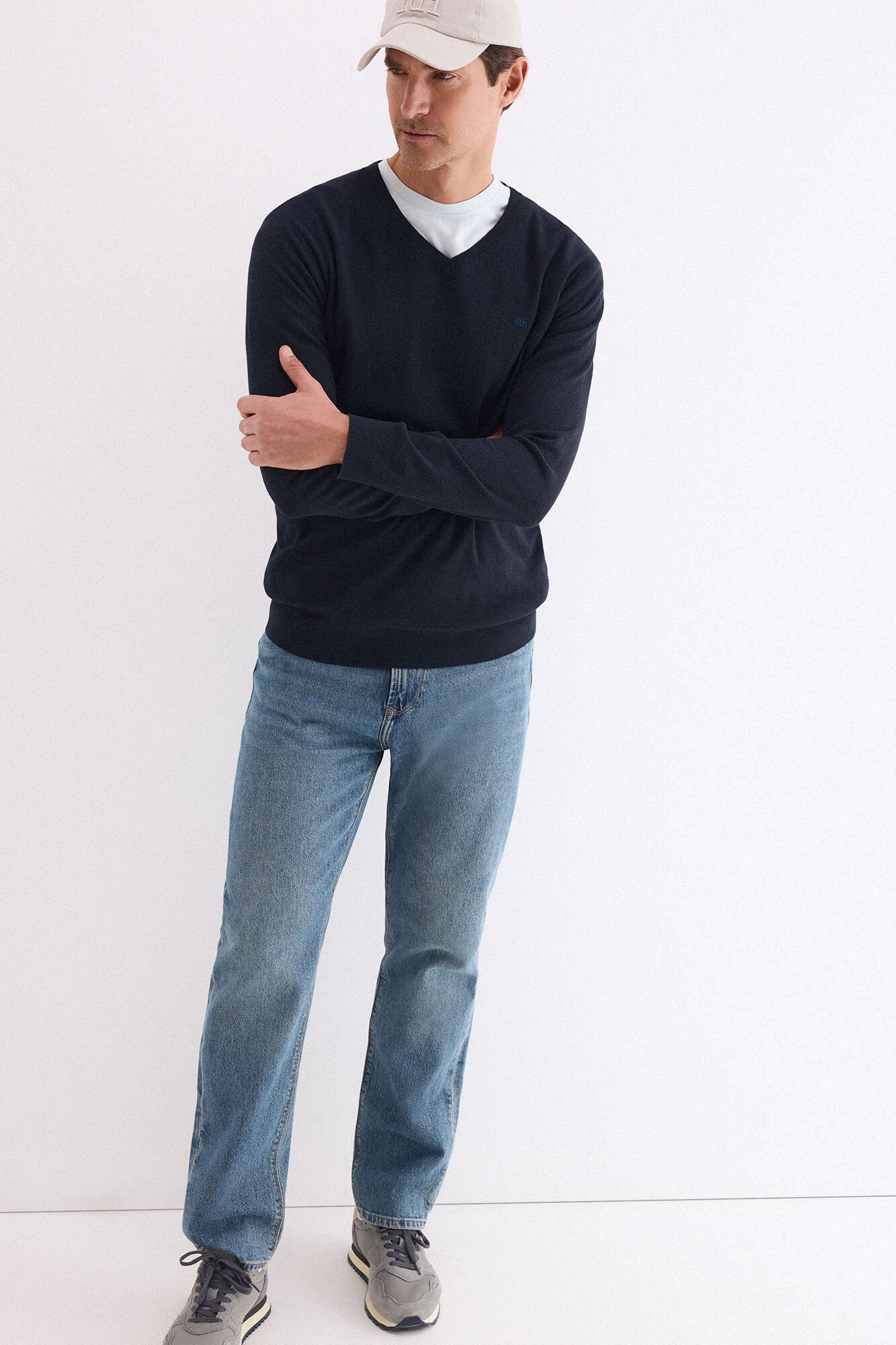 Pedro del Hierro Linen fine V-neck jumper Blue