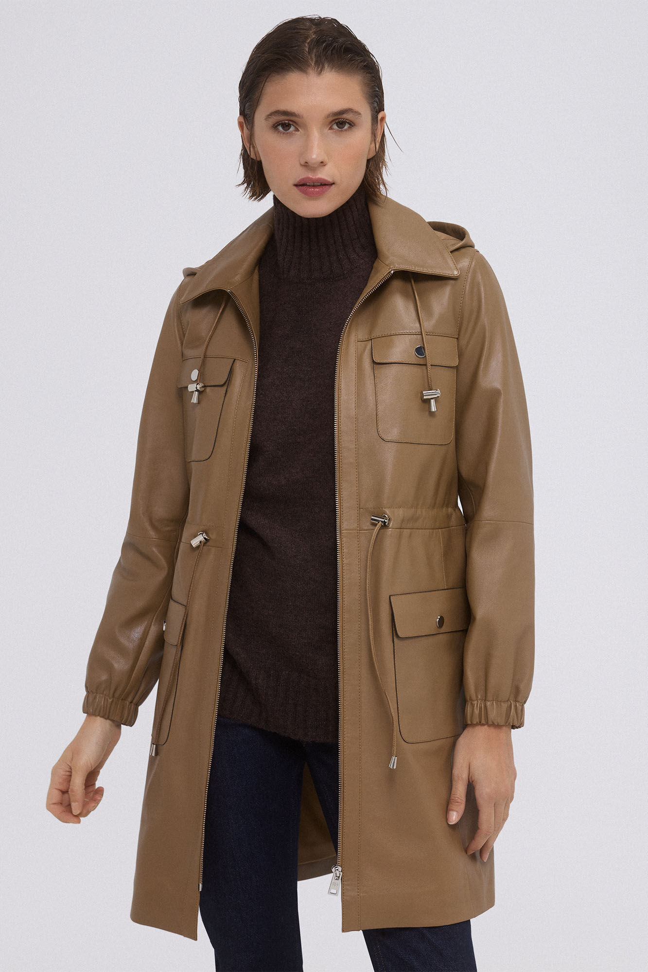 Pedro del Hierro Parka de piel Marr&oacute;n