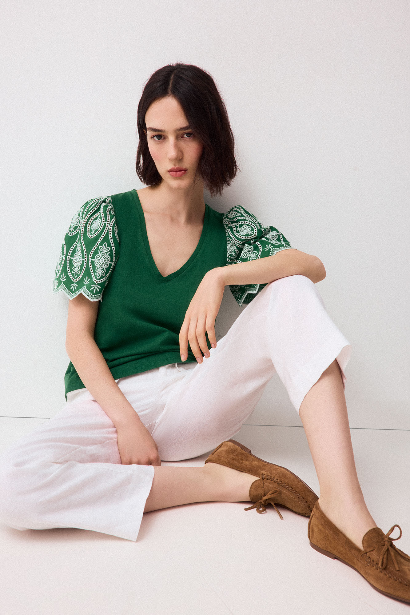 Pedro del Hierro Embroidered ruffle sleeve T-shirt