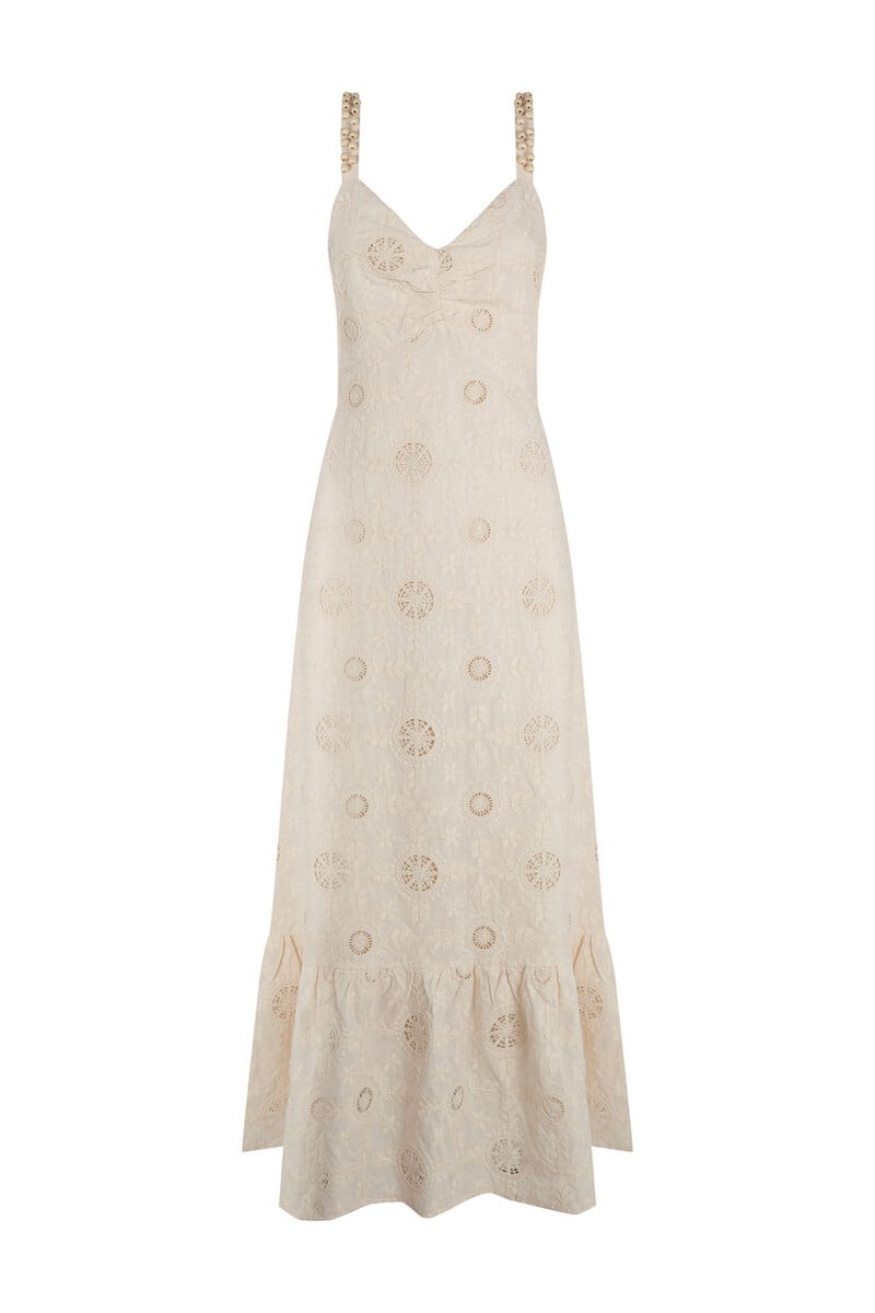 Pedro del Hierro Embroidered cotton long dress Ecru