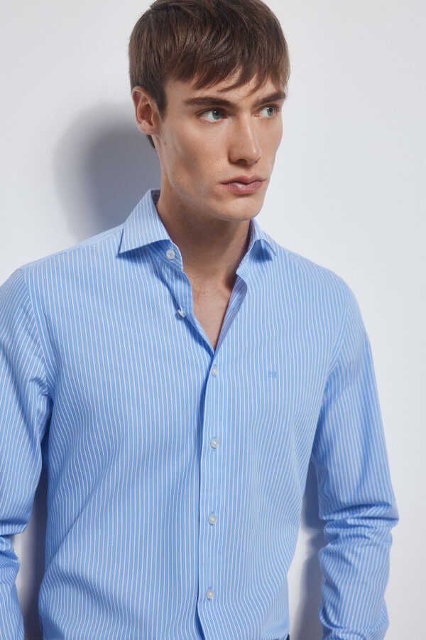 Pedro del Hierro Striped slim fit non-iron + stain-resistant dress shirt Blue