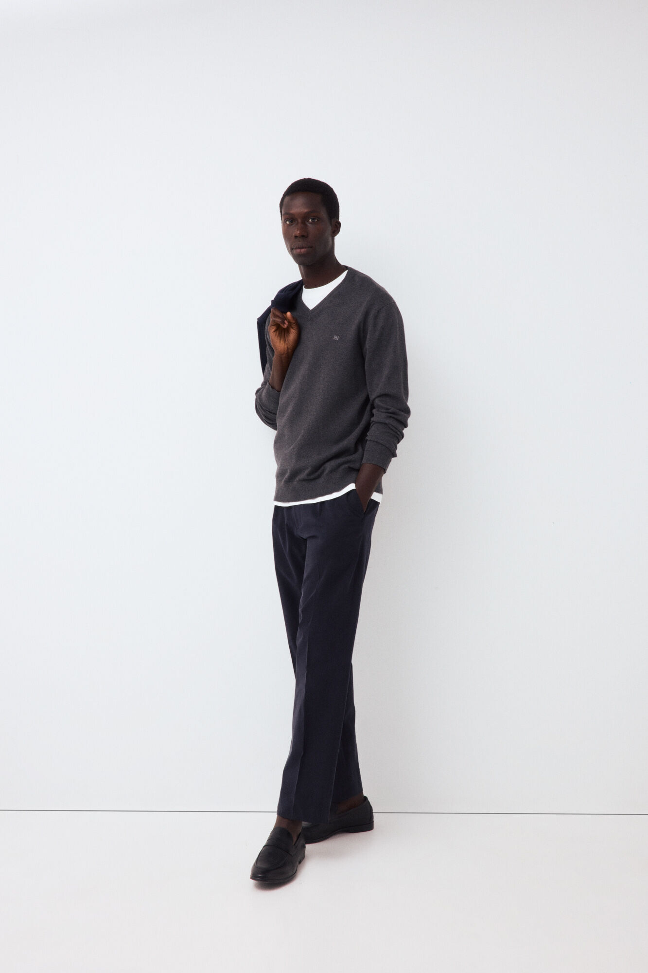 Pedro del Hierro Camisola de malha fina em algod&atilde;o premium com decote em bico Cizento