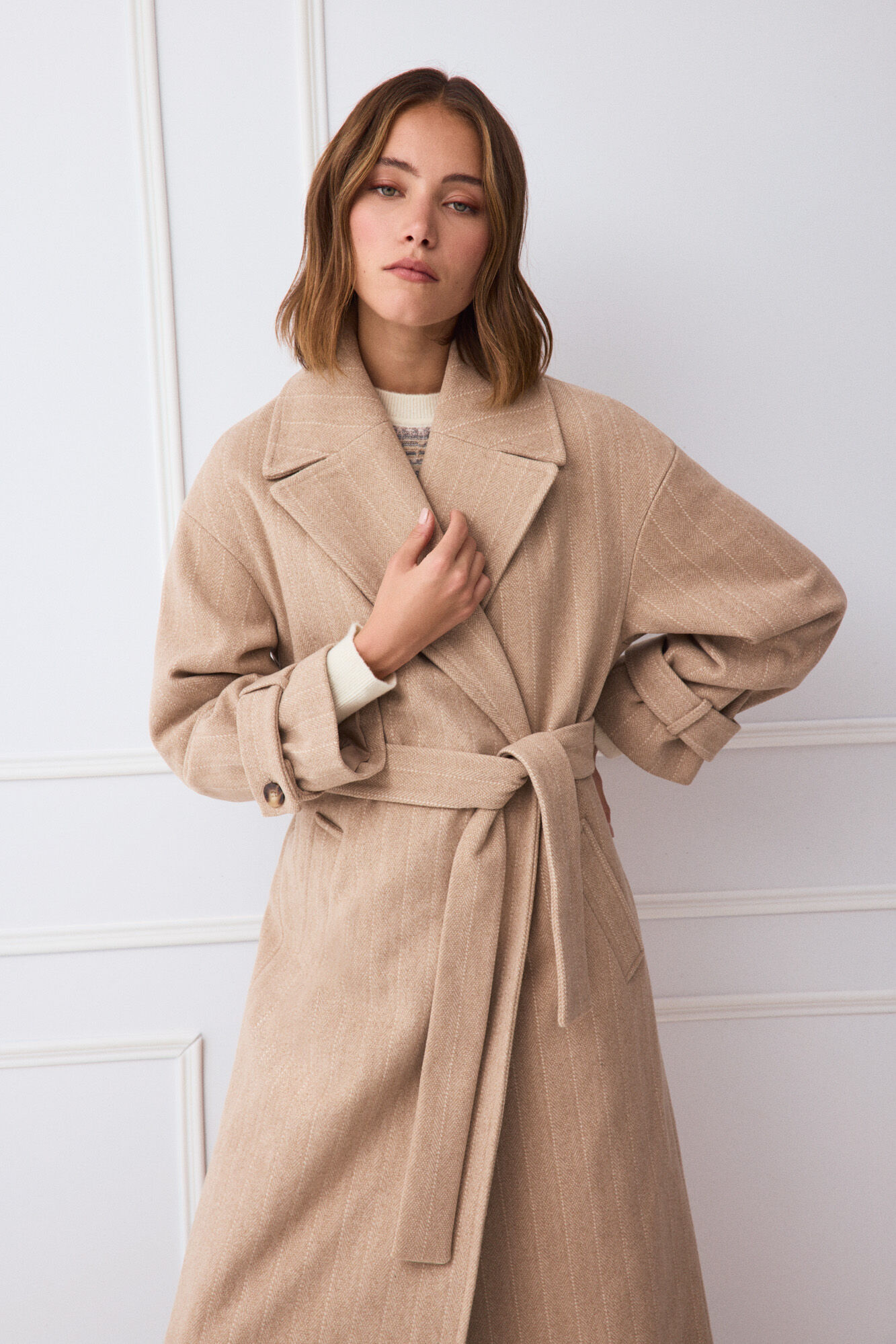 TFP by Tamara Falc&oacute; Pinstriped long coat Ecru