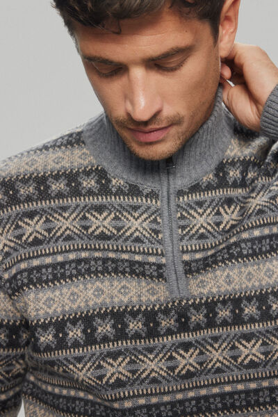 Pedro del Hierro Zip-neck Christmas jumper in wool and cashmere Grey