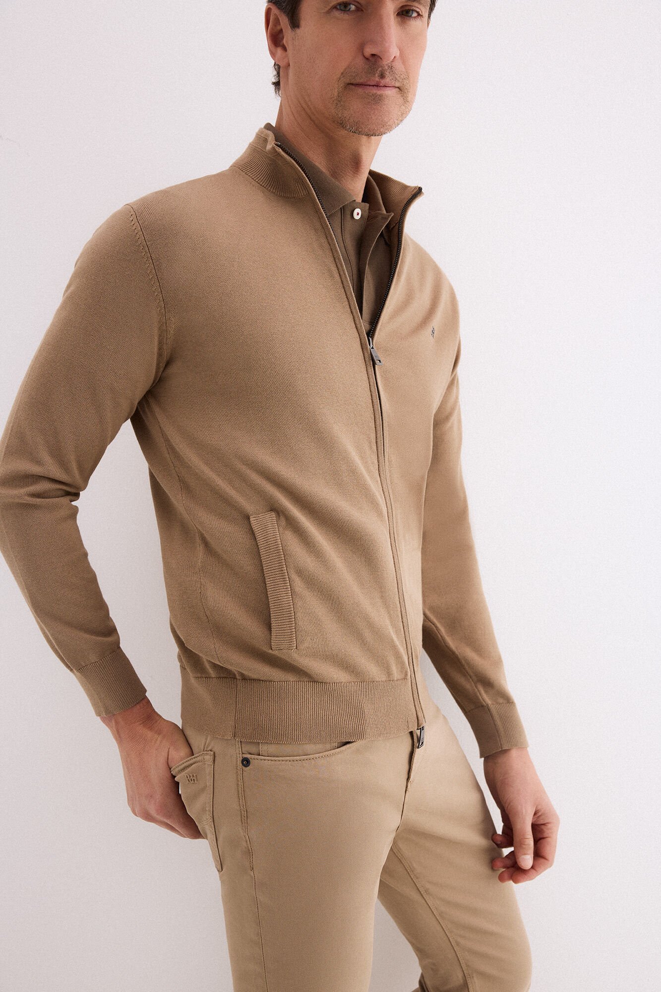 Pedro del Hierro Premium cotton jersey-knit zip fastening cardigan Beige