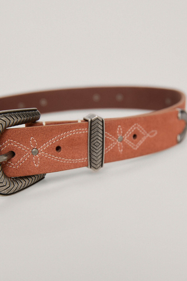 Pedro del Hierro Embroidered leather belt with studs and cowboy style buckle Orange