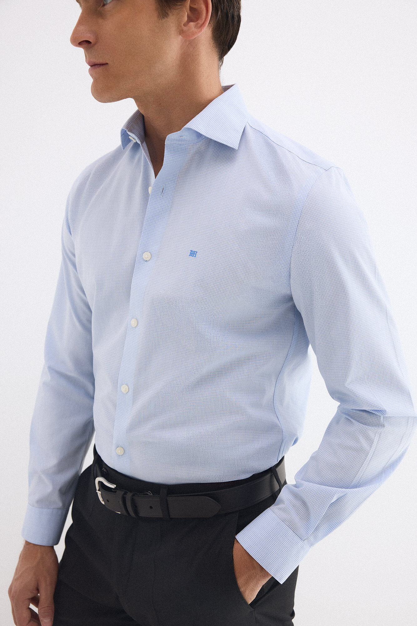 Pedro del Hierro Plaid non-iron stain-resistant slim fit dress shirt Blue