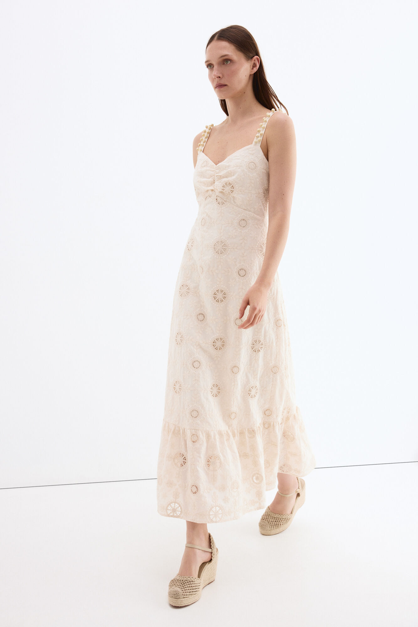 Pedro del Hierro Vestido comprido em algod&atilde;o com bordados Ecru