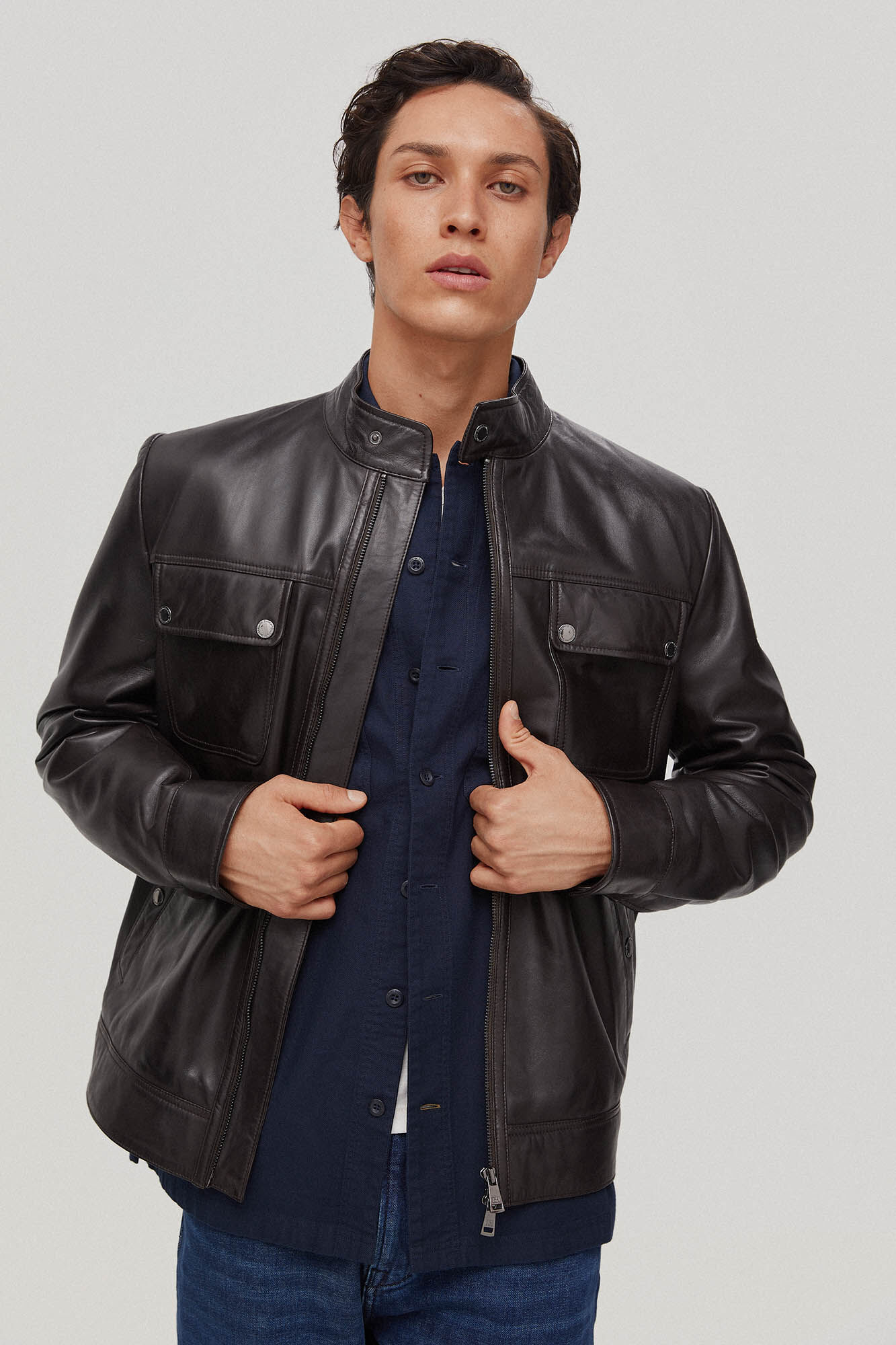 Pedro del Hierro Cazadora piel cuatro bolsillos Brown