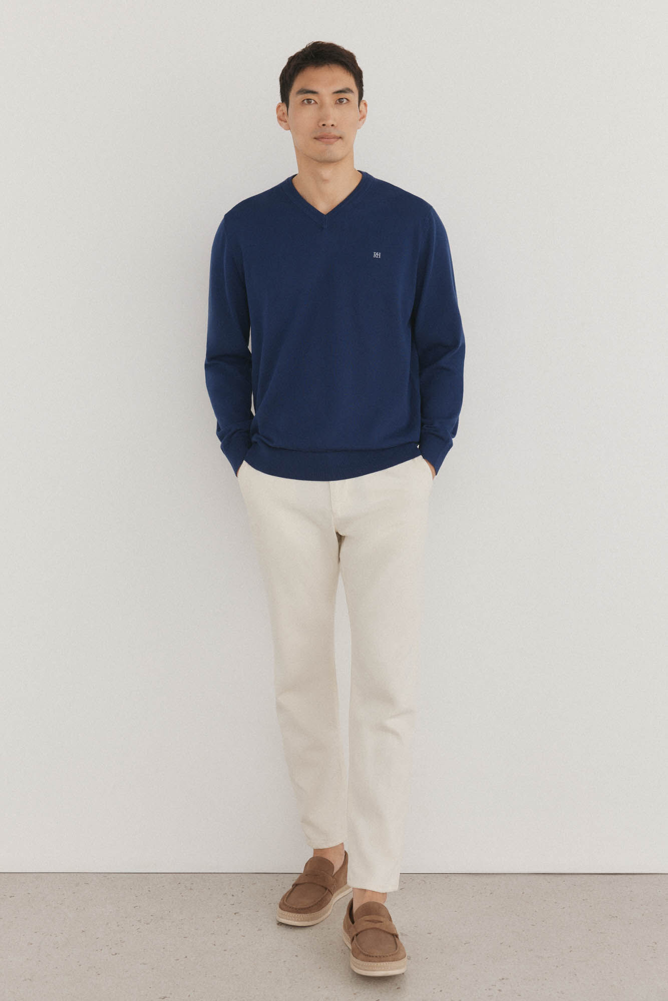 Pedro del Hierro Premium cotton fine jersey-knit V neck Blue