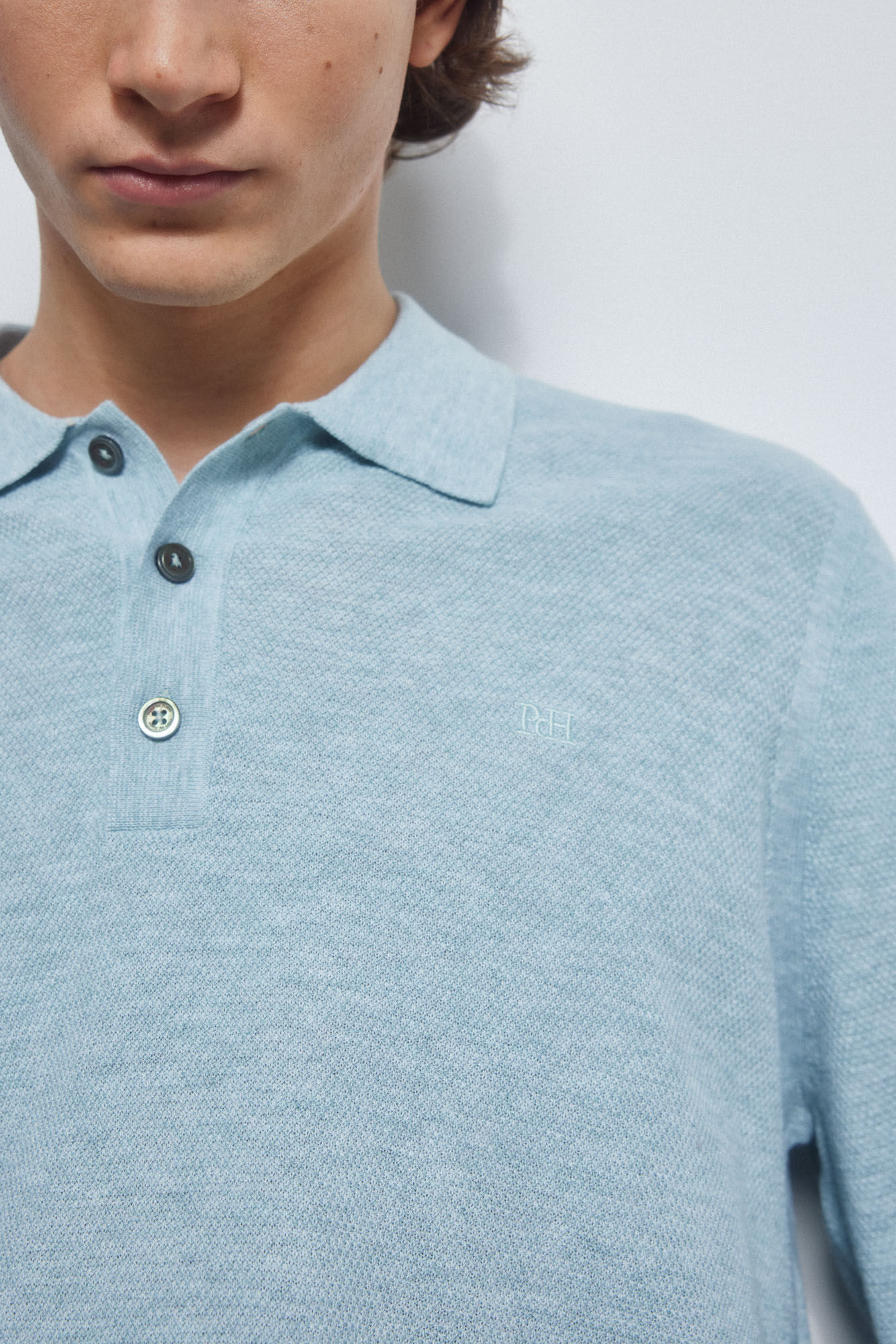 Pedro del Hierro Textured linen jumper with polo collar Blue