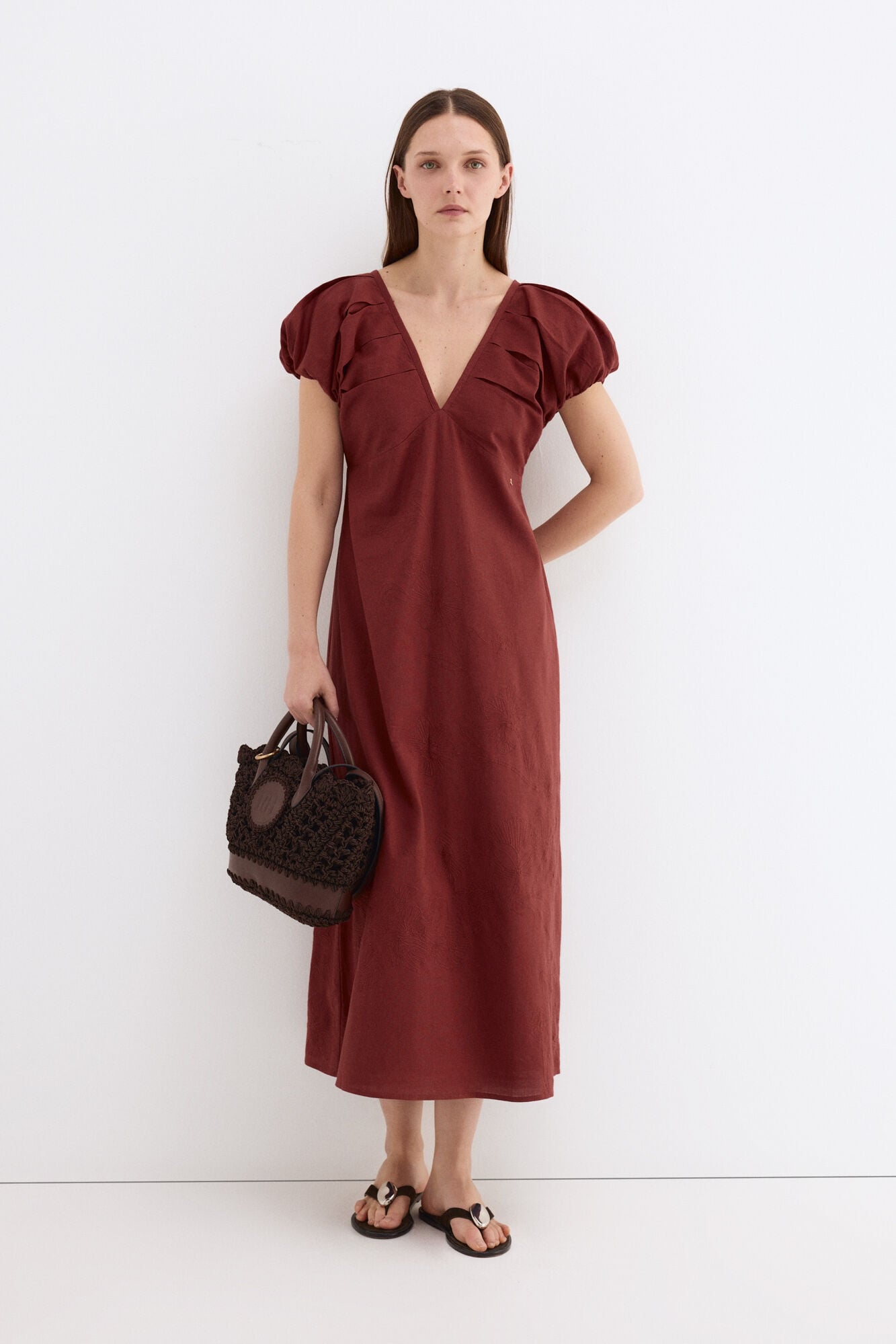 Pedro del Hierro Embroidered floral midi dress Brown
