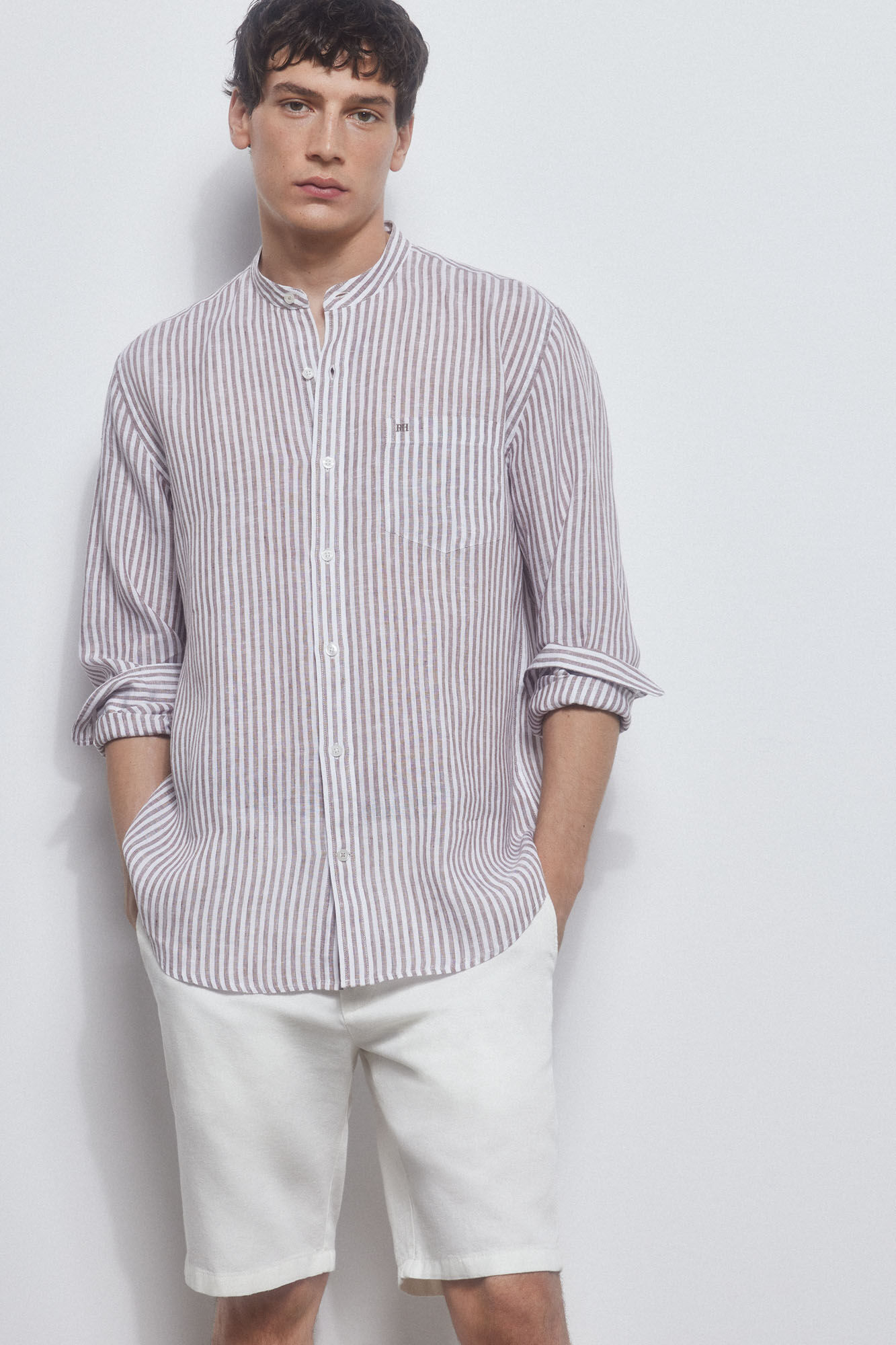 Pedro del Hierro Linen mandarin collar shirt Beige