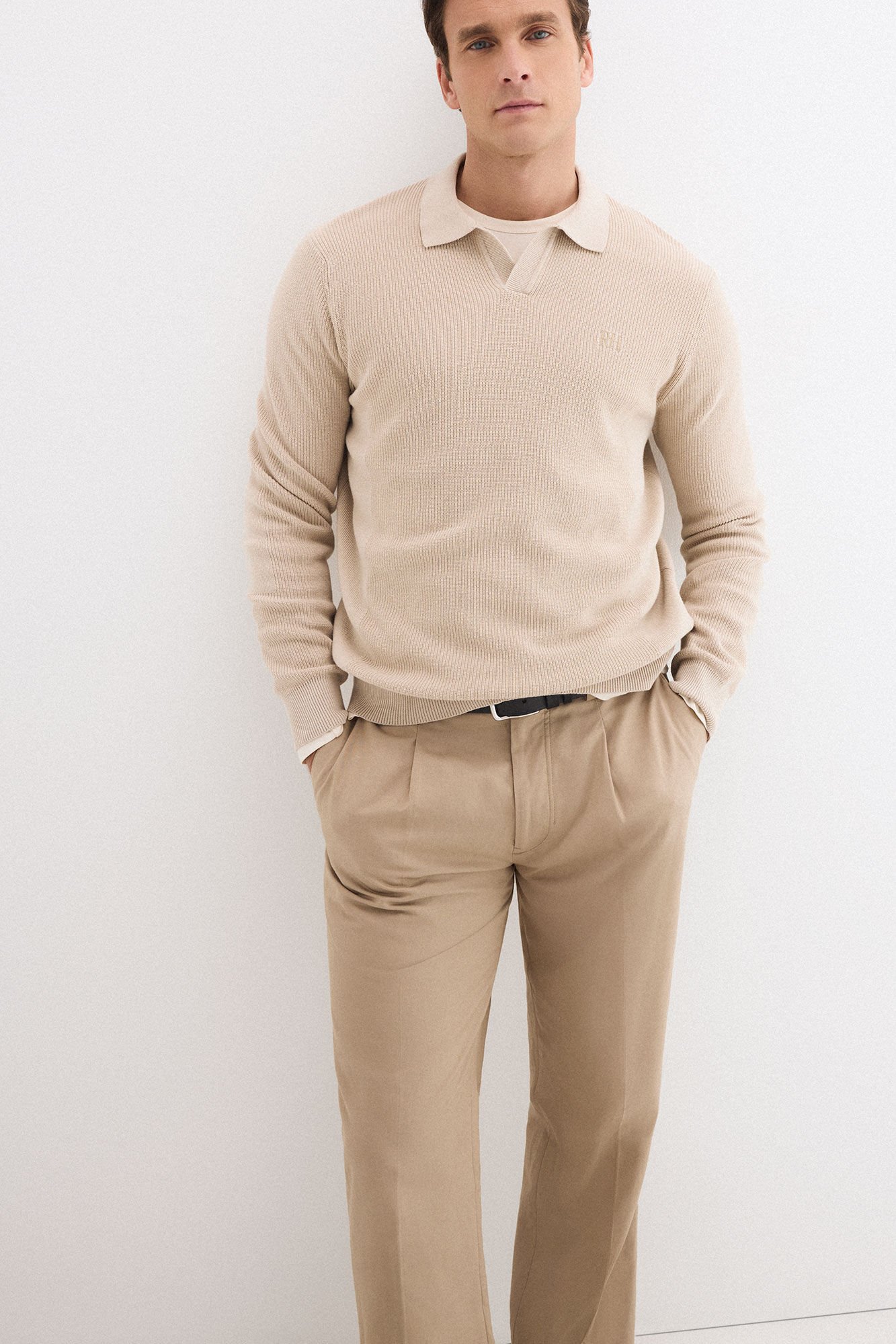 Pedro del Hierro Cotton ribbed long sleeve polo jumper Beige