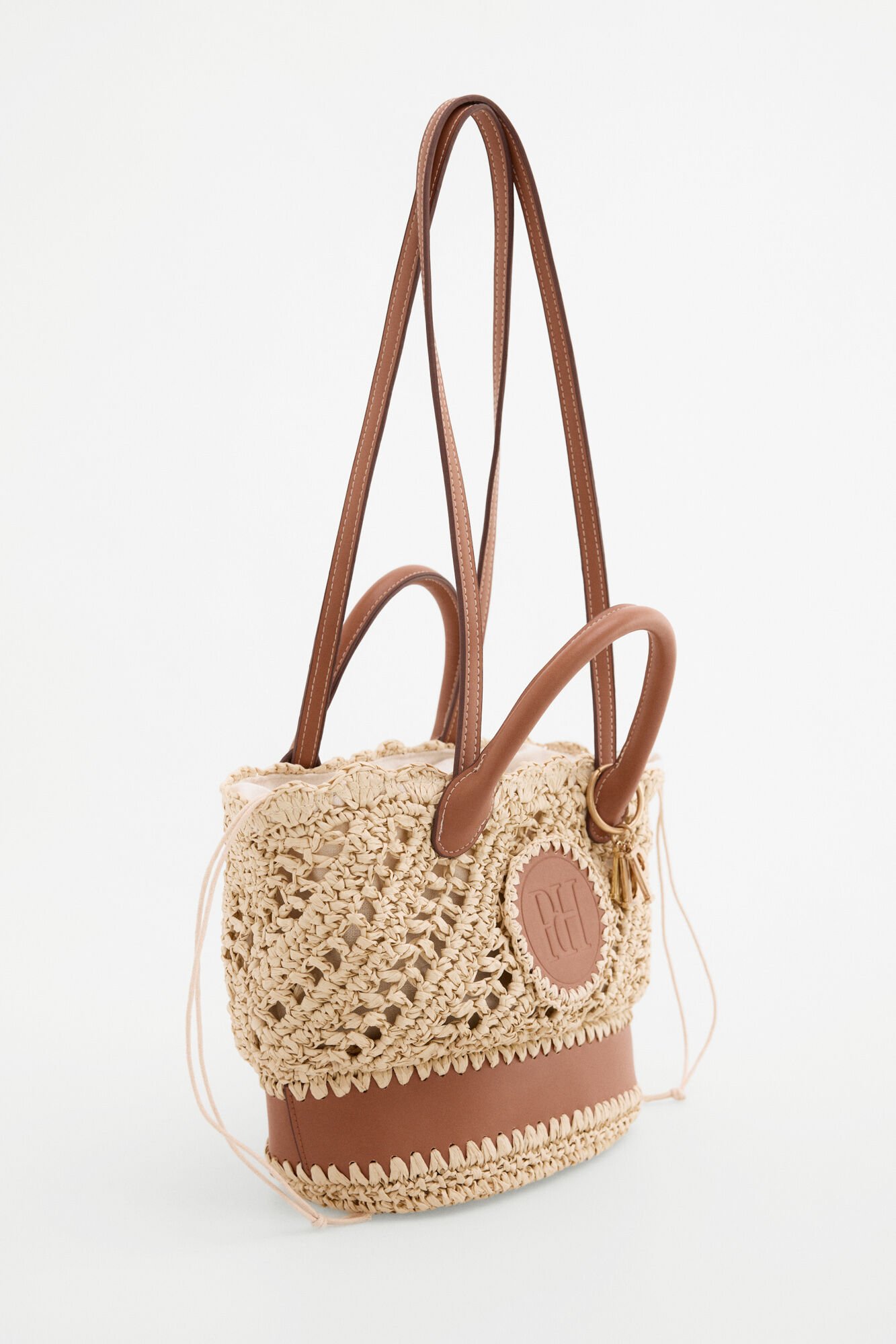 Pedro del Hierro Raffia-effect braided logo basket bag Ecru