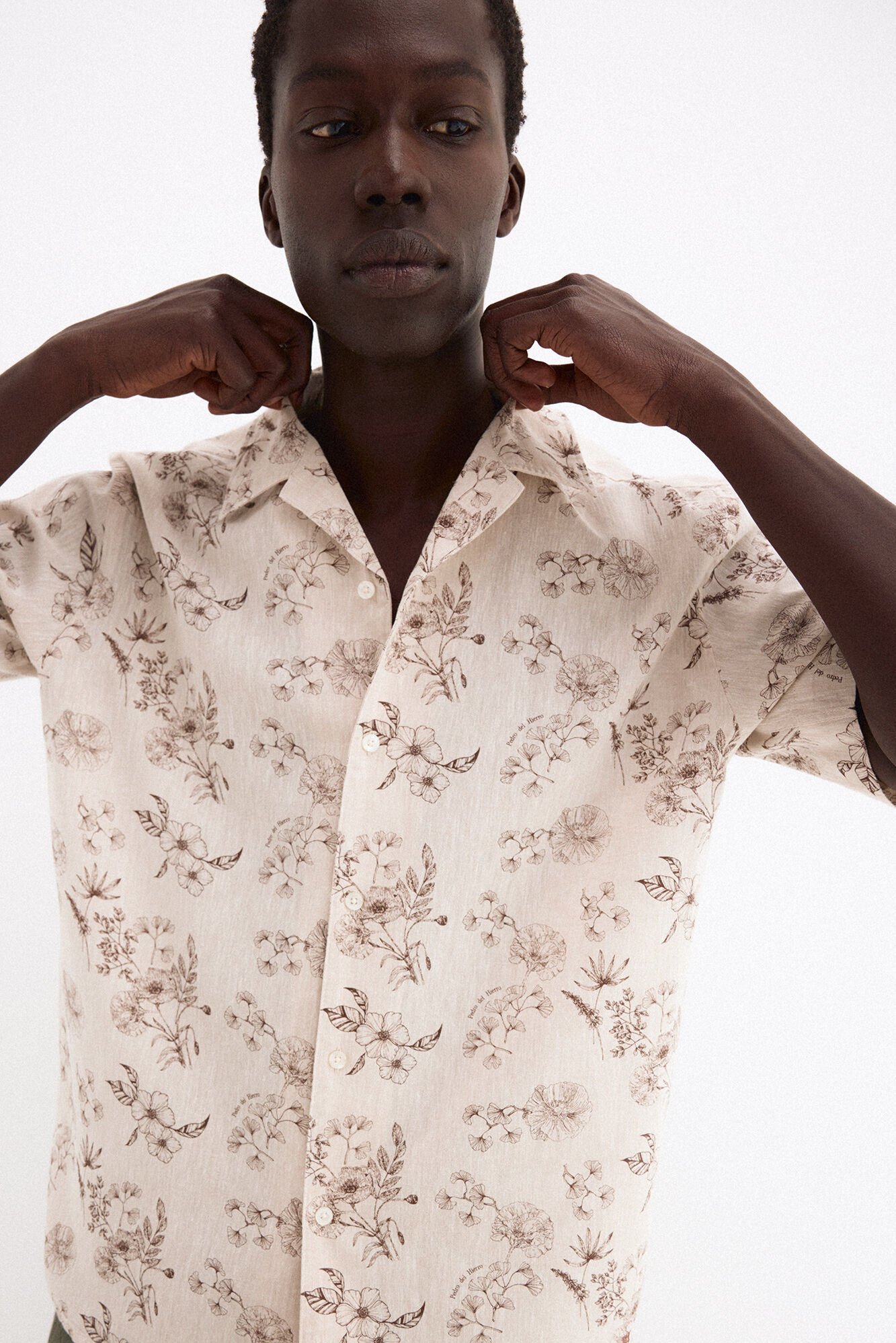 Pedro del Hierro Printed short sleeve linen cotton shirt Beige