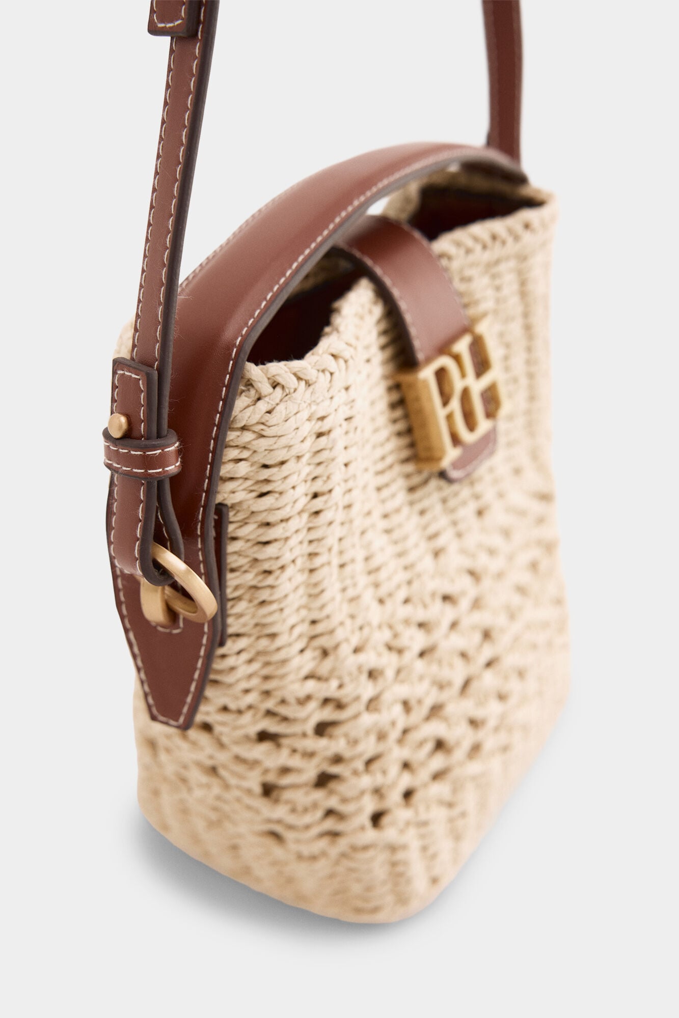 Pedro del Hierro Raffia-effect logo bucket bag Ecru