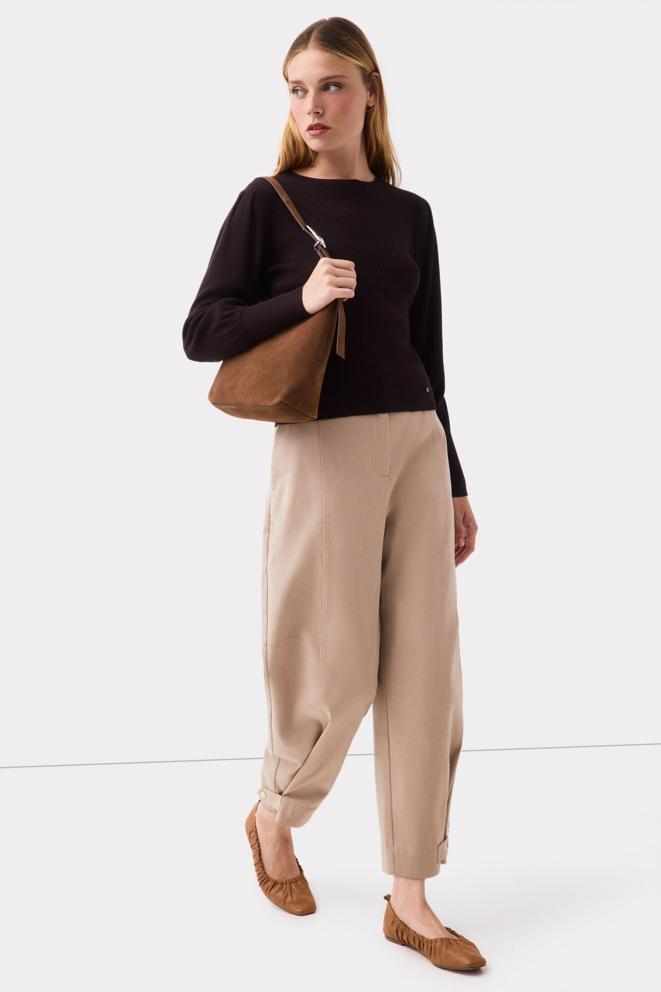 Pedro del Hierro Puffed sleeve ribbed jumper Brown