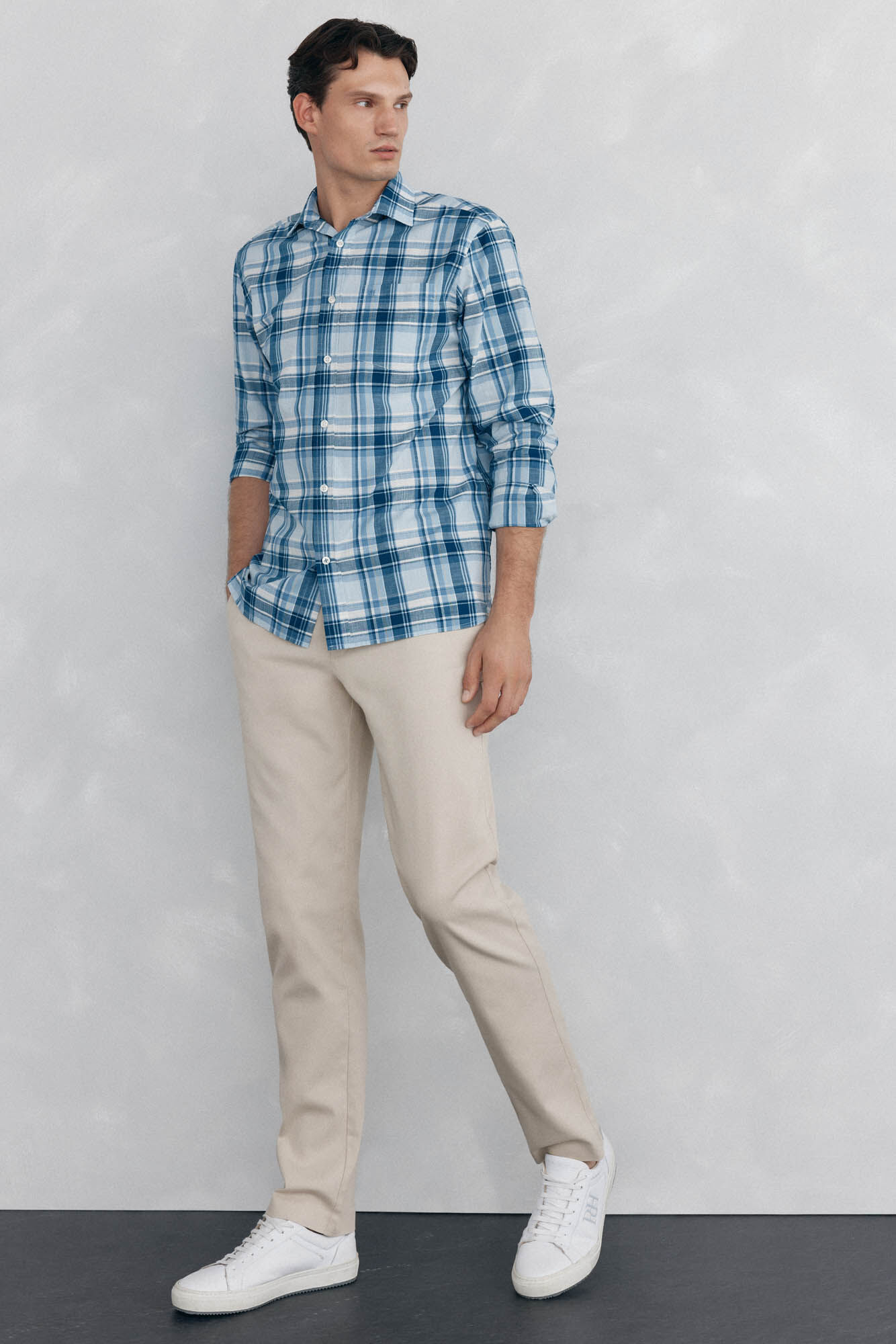 Pedro del Hierro Camisa quadrados tecido flam&eacute; Beige