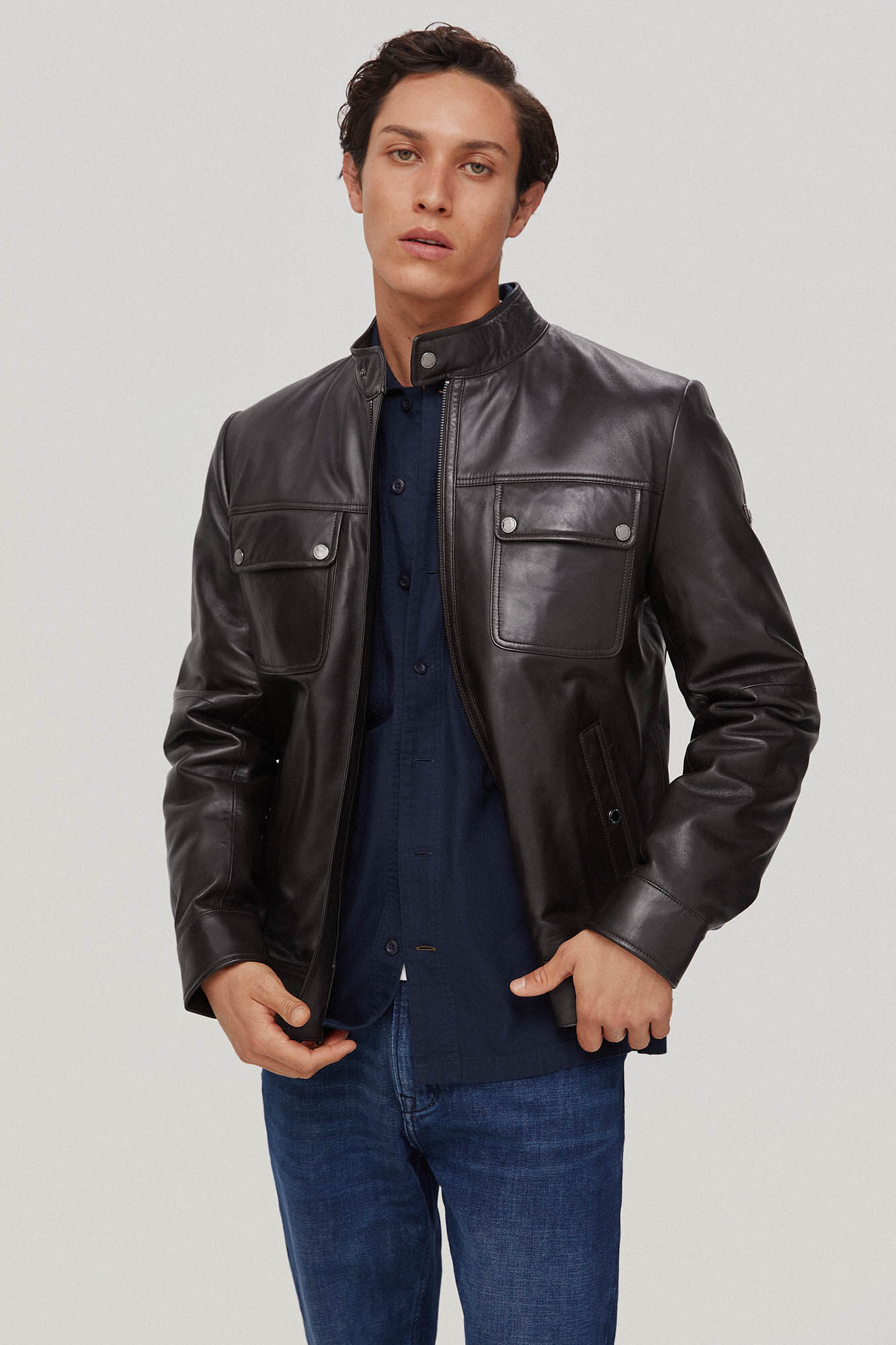 Pedro del Hierro Cazadora piel cuatro bolsillos Brown