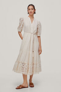 Pedro del Hierro Long dress with floral openwork fabric at the sleeves and hem. Beige