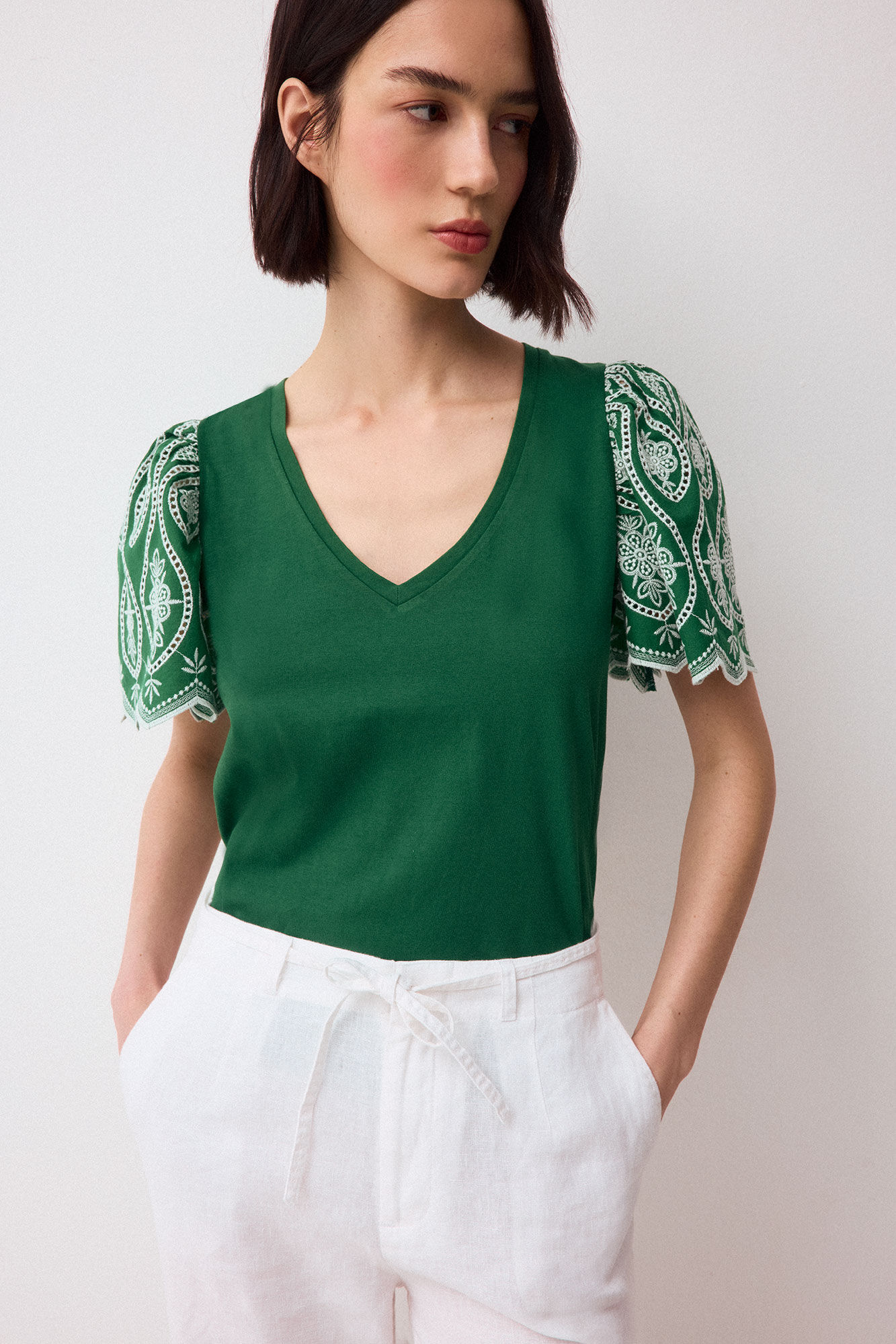 Pedro del Hierro Embroidered ruffle sleeve T-shirt Green