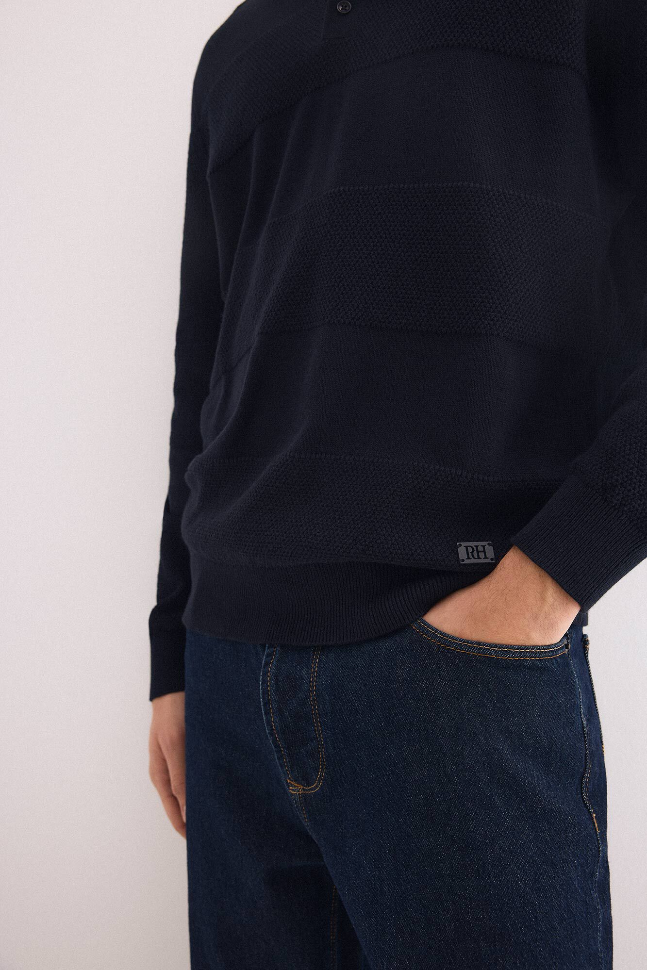 Pedro del Hierro Cotton long sleeve textured polo jumper Blue