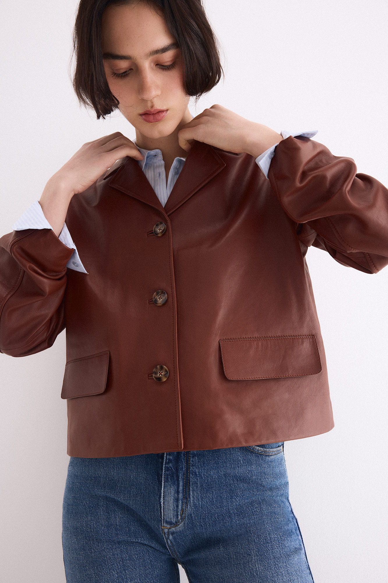 Pedro del Hierro Nappa leather lapel jacket Brown