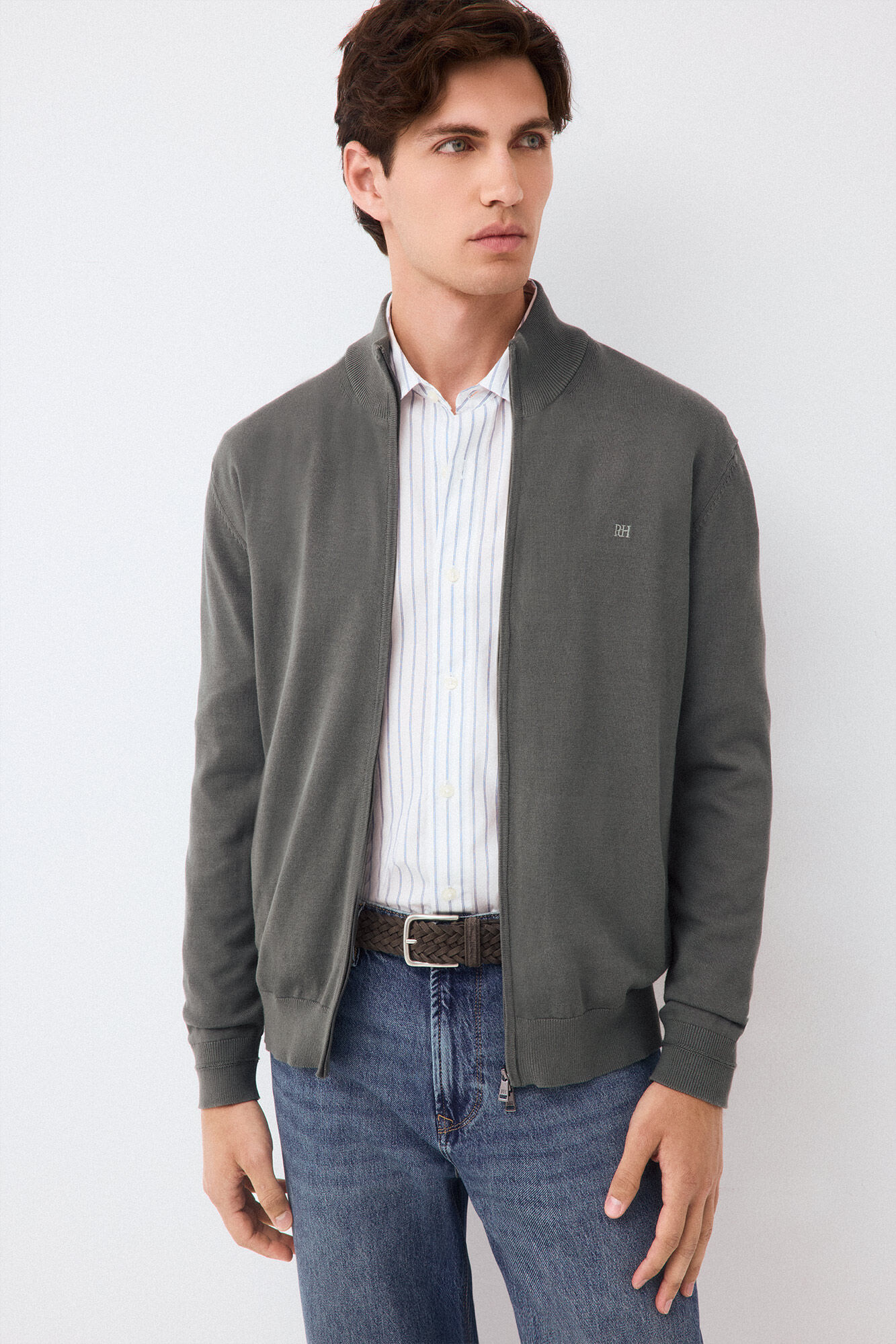 Pedro del Hierro Fine premium cotton zip fastening cardigan Green